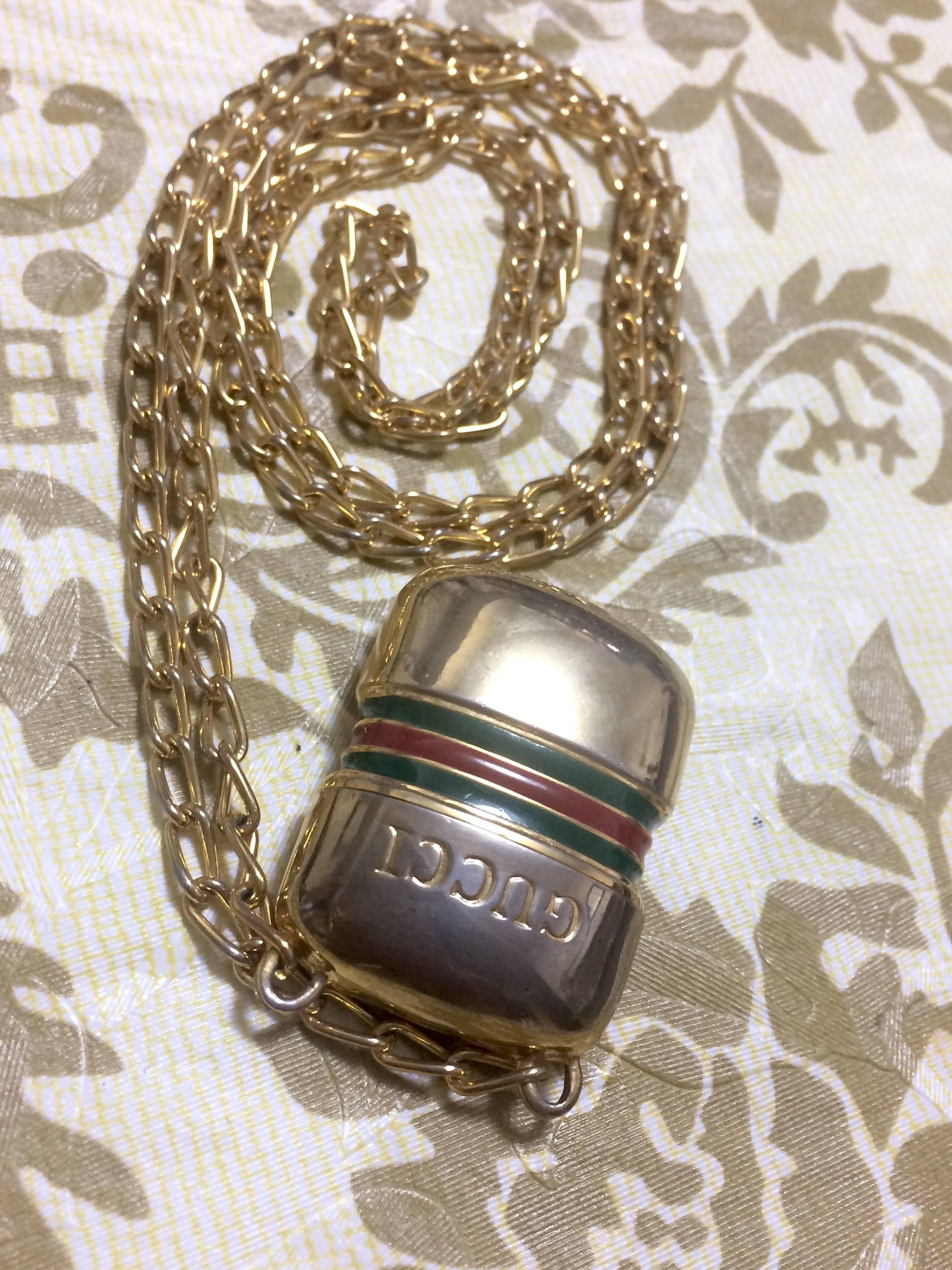 Vintage Gucci golden mini bottle, pill case design necklace with webbing line. For Sale 2