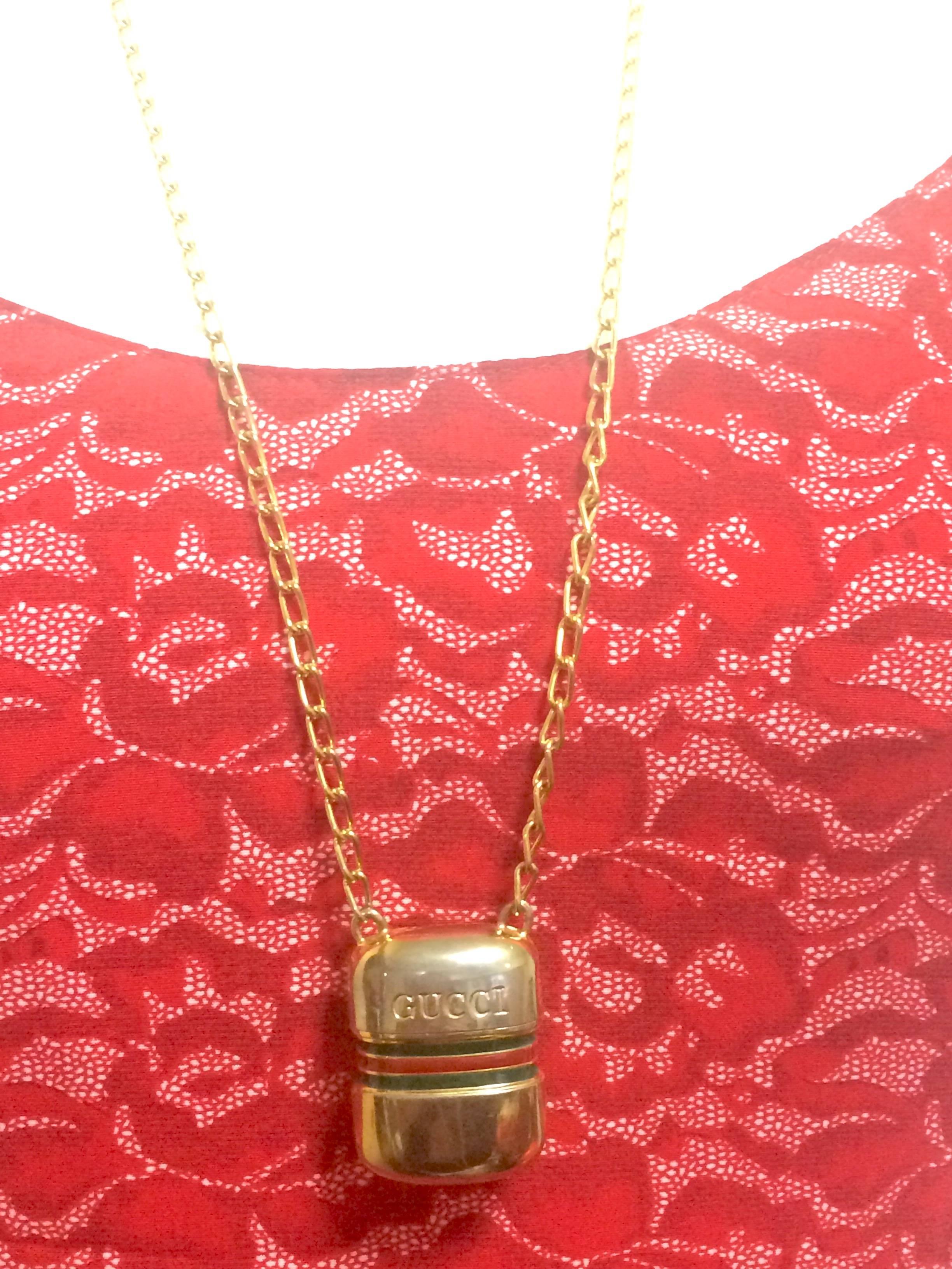 Vintage Gucci golden mini bottle, pill case design necklace with webbing line. For Sale 5