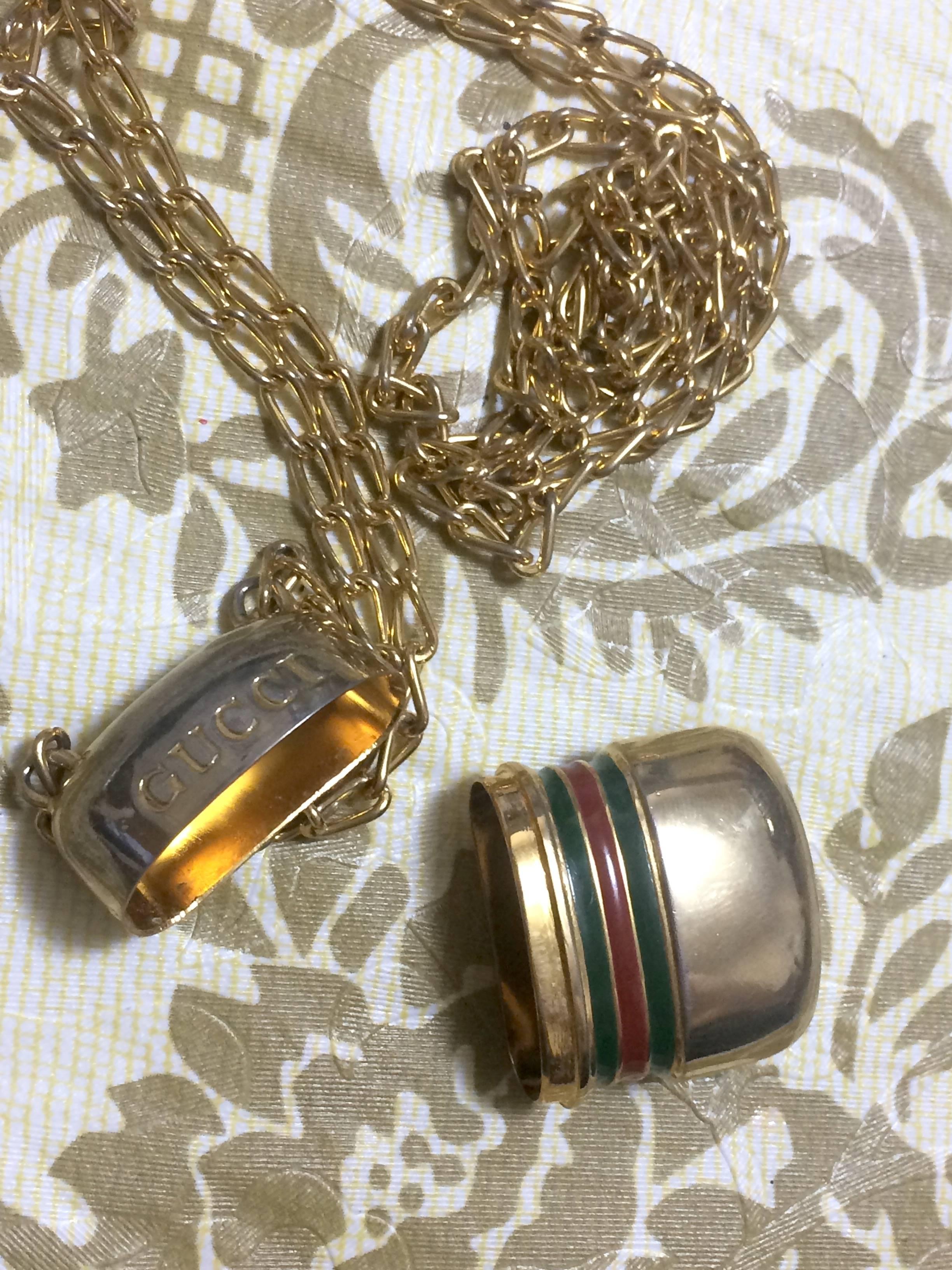 Vintage Gucci golden mini bottle, pill case design necklace with webbing line. For Sale 4