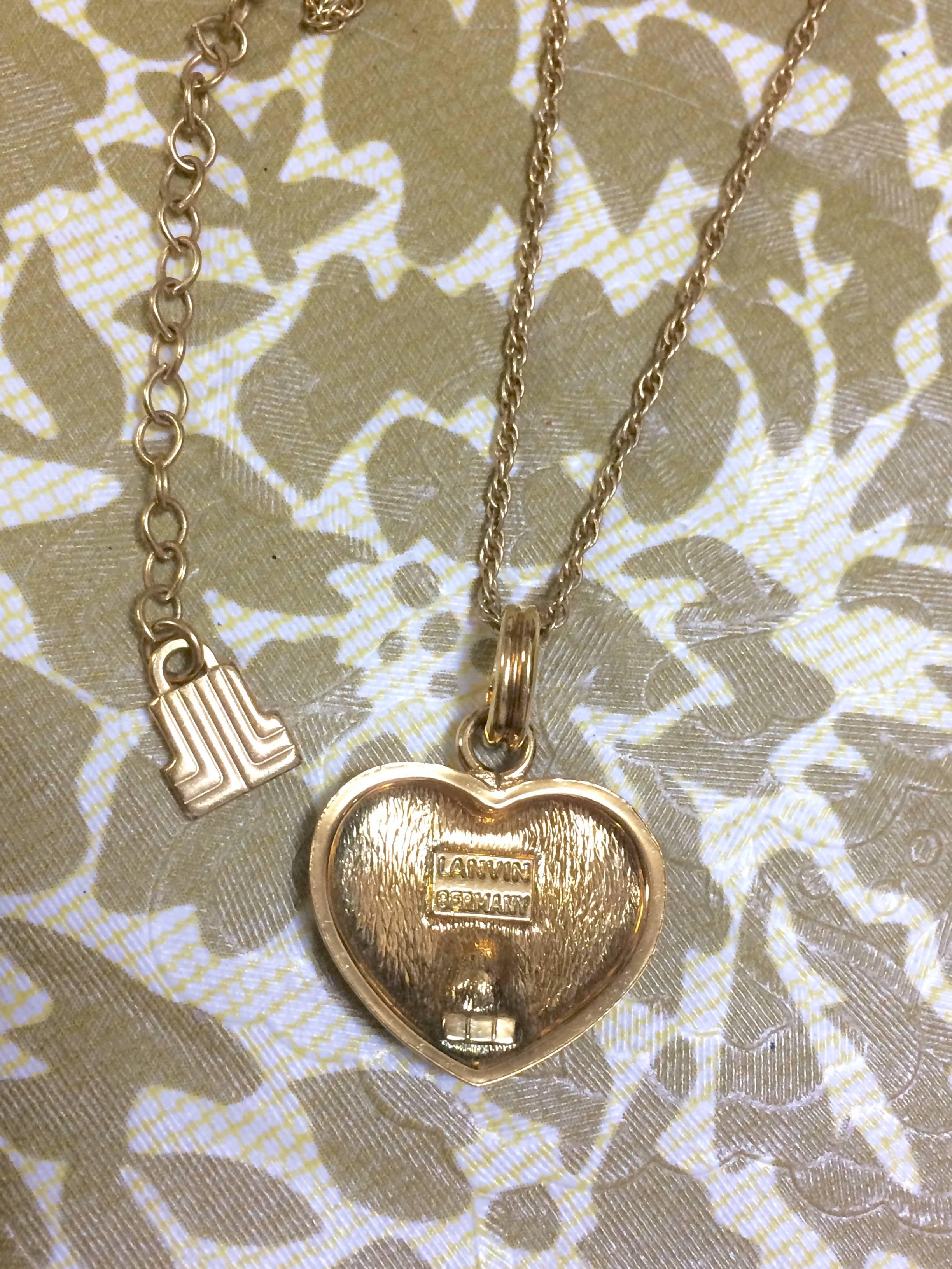 Vintage LANVIN skinny chain necklace with heart logo charm crystal pendant top For Sale 1
