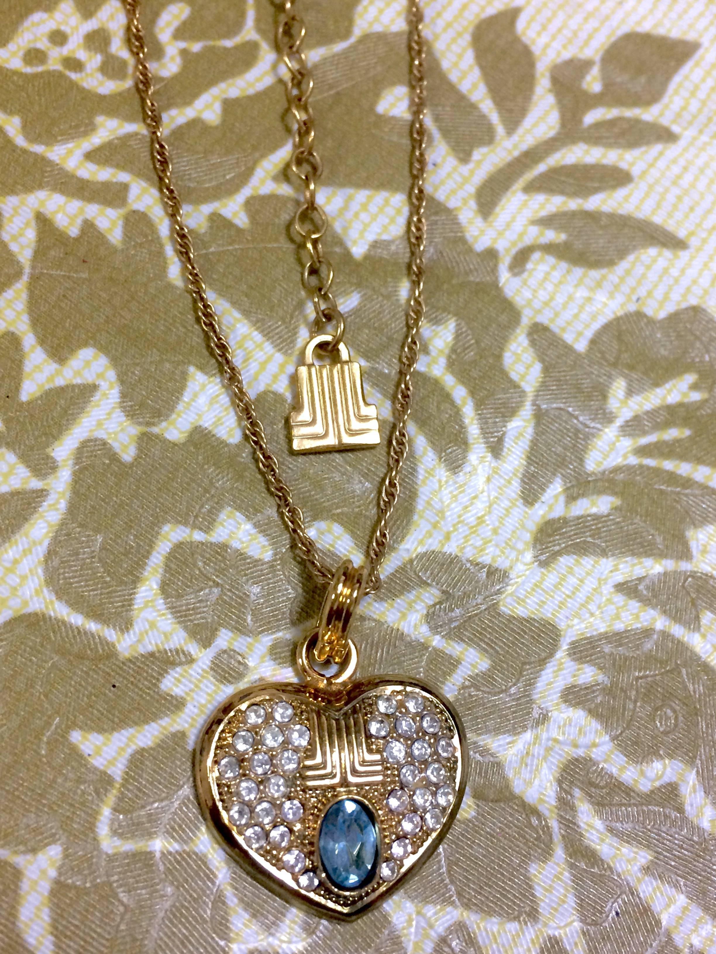 Vintage LANVIN skinny chain necklace with heart logo charm crystal pendant top In Excellent Condition For Sale In Kashiwa, Chiba