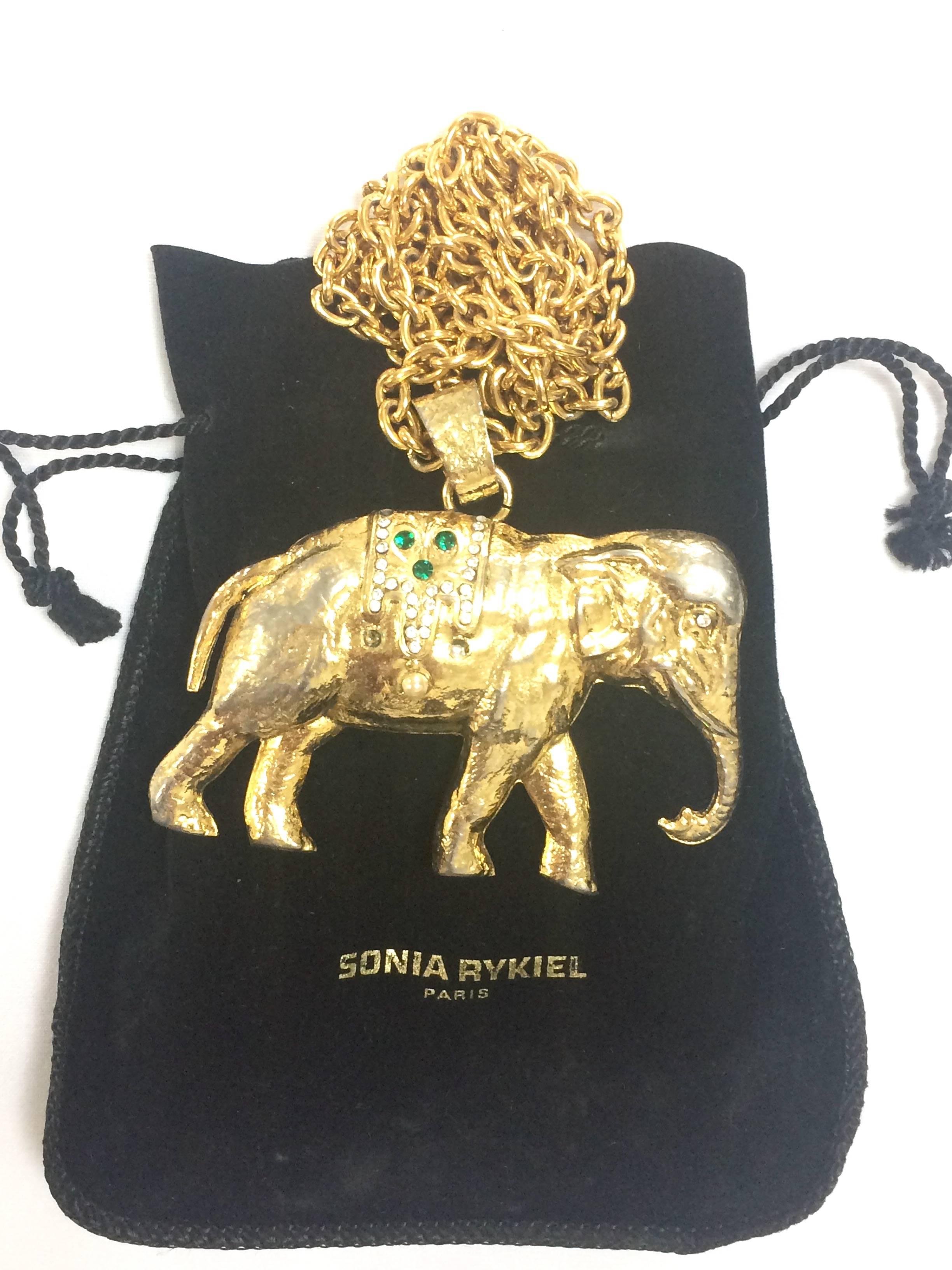 Vintage Sonia Rykiel gold tone large elephant pendant top long chain necklace.  For Sale 4
