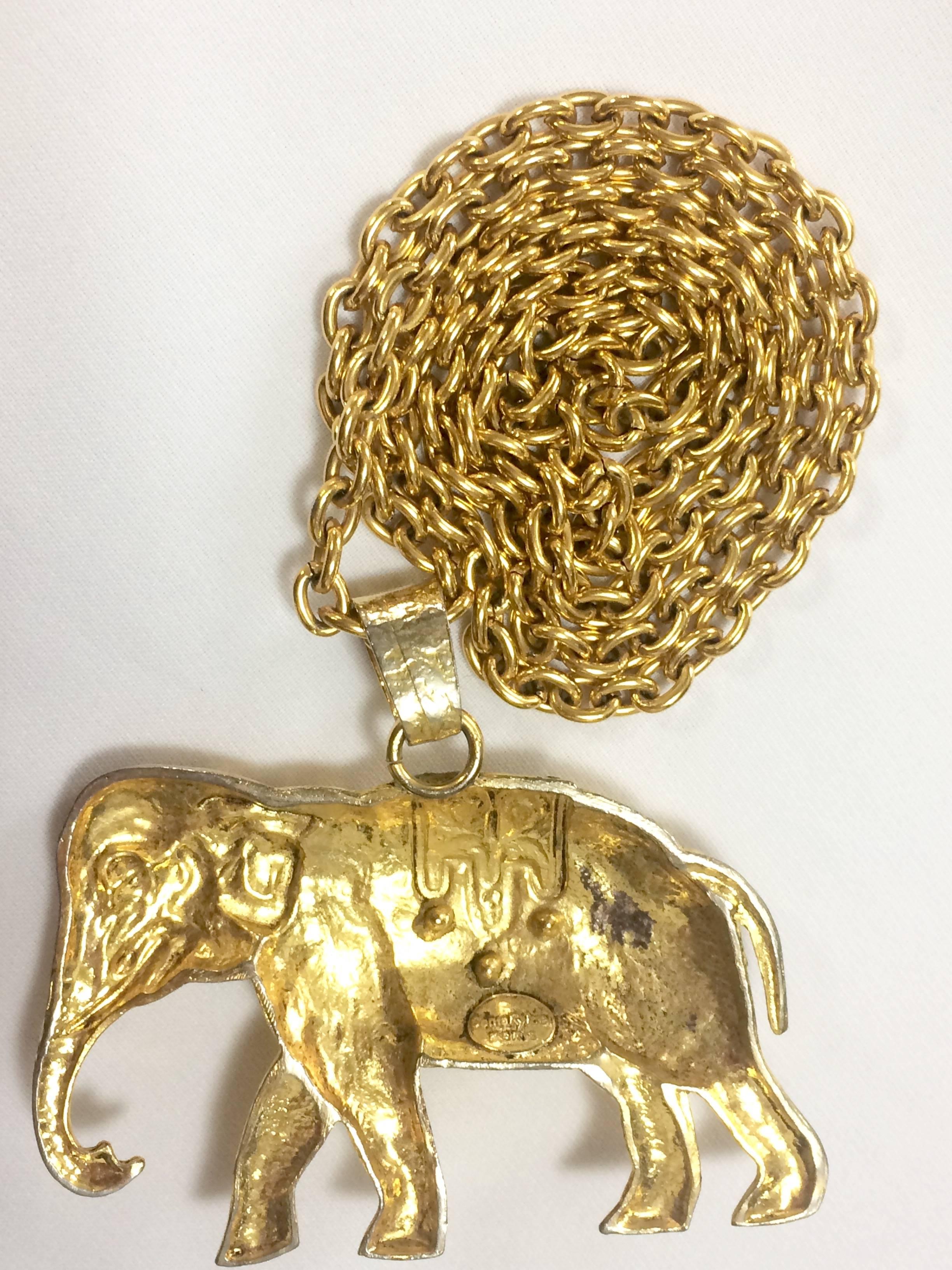 Vintage Sonia Rykiel gold tone large elephant pendant top long chain necklace.  For Sale 1