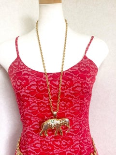Vintage Sonia Rykiel gold tone large elephant pendant top long chain necklace.