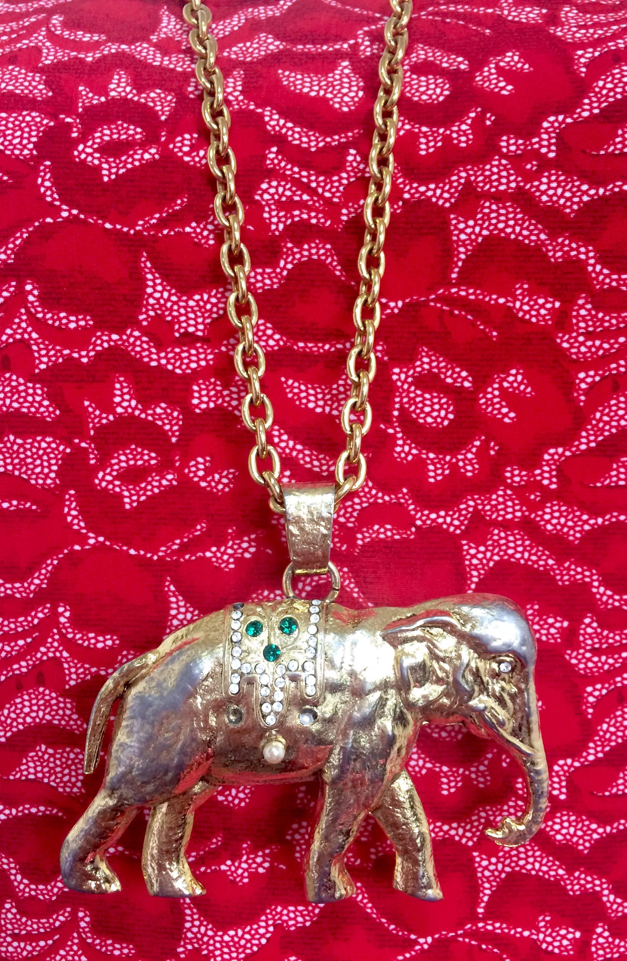 Vintage Sonia Rykiel gold tone large elephant pendant top long chain necklace.  For Sale 3