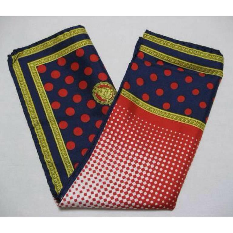 1990s. NEW/MINT. Vintage Gianni Versace navy, red polka dot, white gradation and medusa pattern print silk scarf. Gorgeous masterpiece from Italy.

This is a 100% silk scarf from Gianni Versace in the 90s. 
New Condition, never used!
This gorgeous