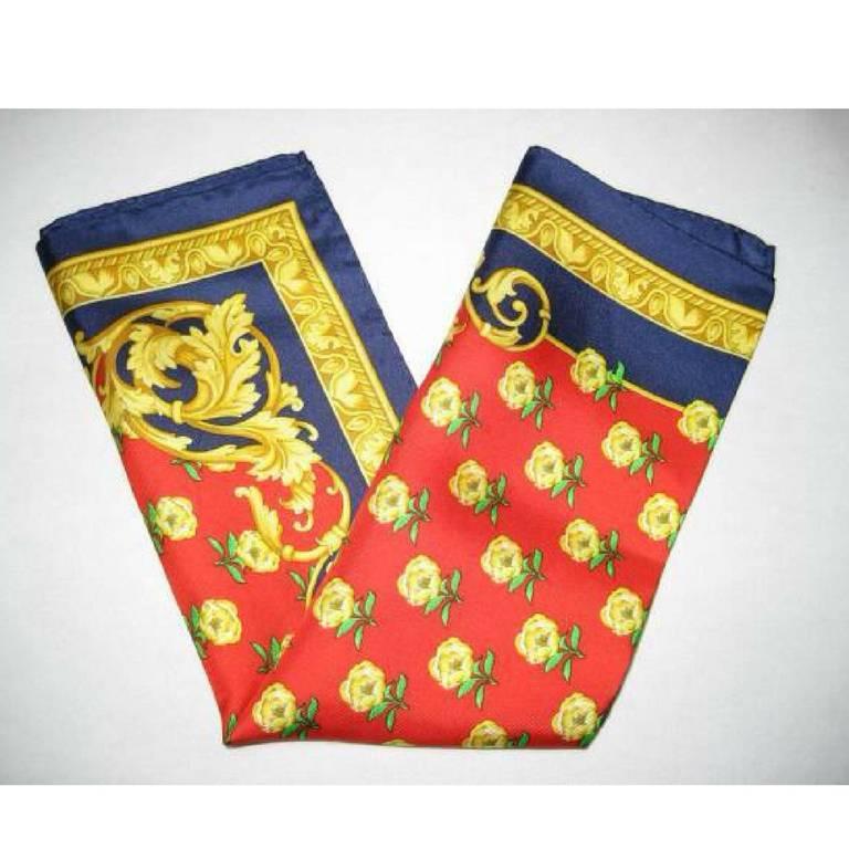 ***Another color version in yellow is also on sale.
1990s. MINT. Vintage Gianni Versace red, gold, blue victorian and flower pattern print silk scarf. Gorgeous masterpiece from Italy.


This is a 100% silk scarf from Gianni Versace in the 90s. 
New