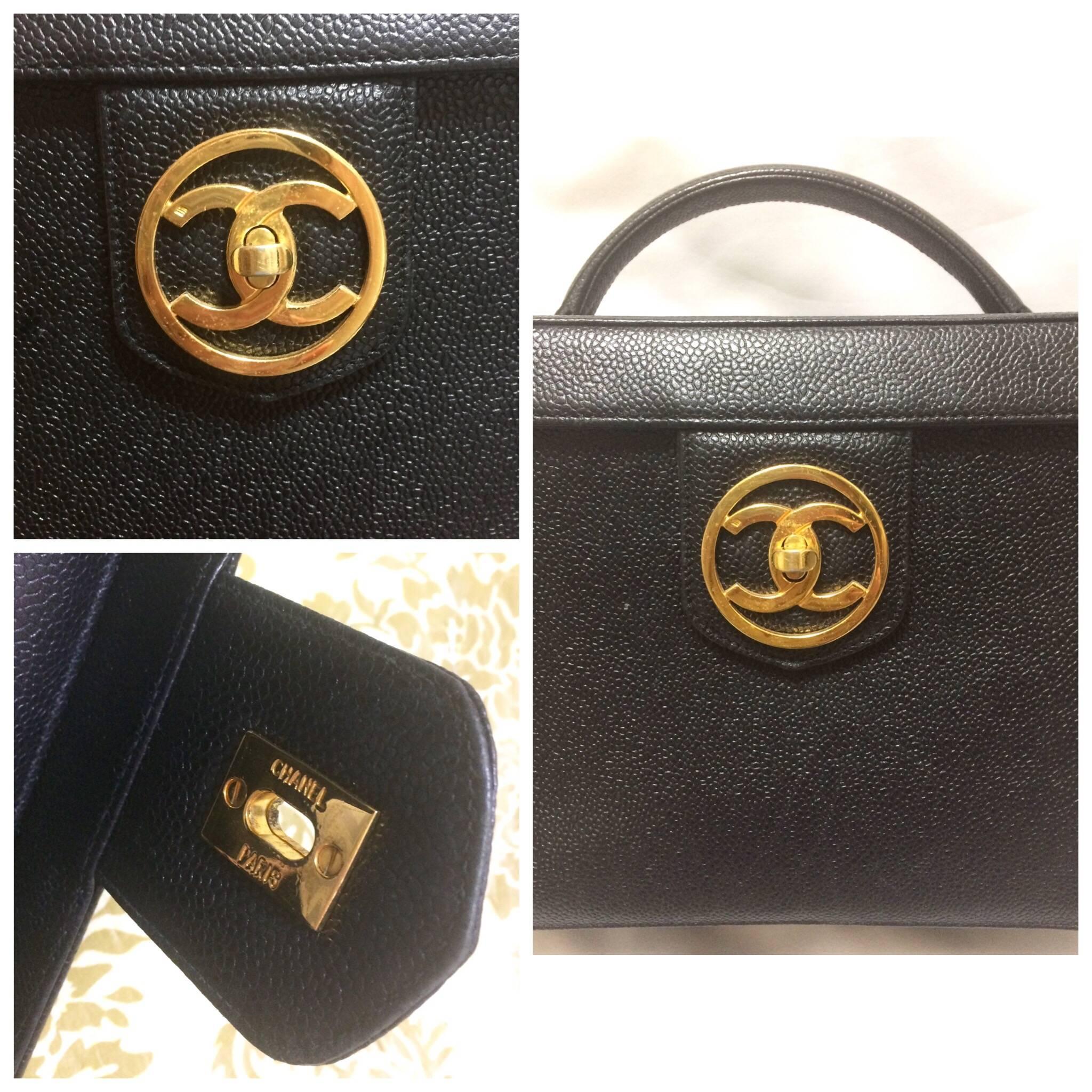Black Vintage CHANEL black caviar leather large vanity purse, lunchbox style handbag.