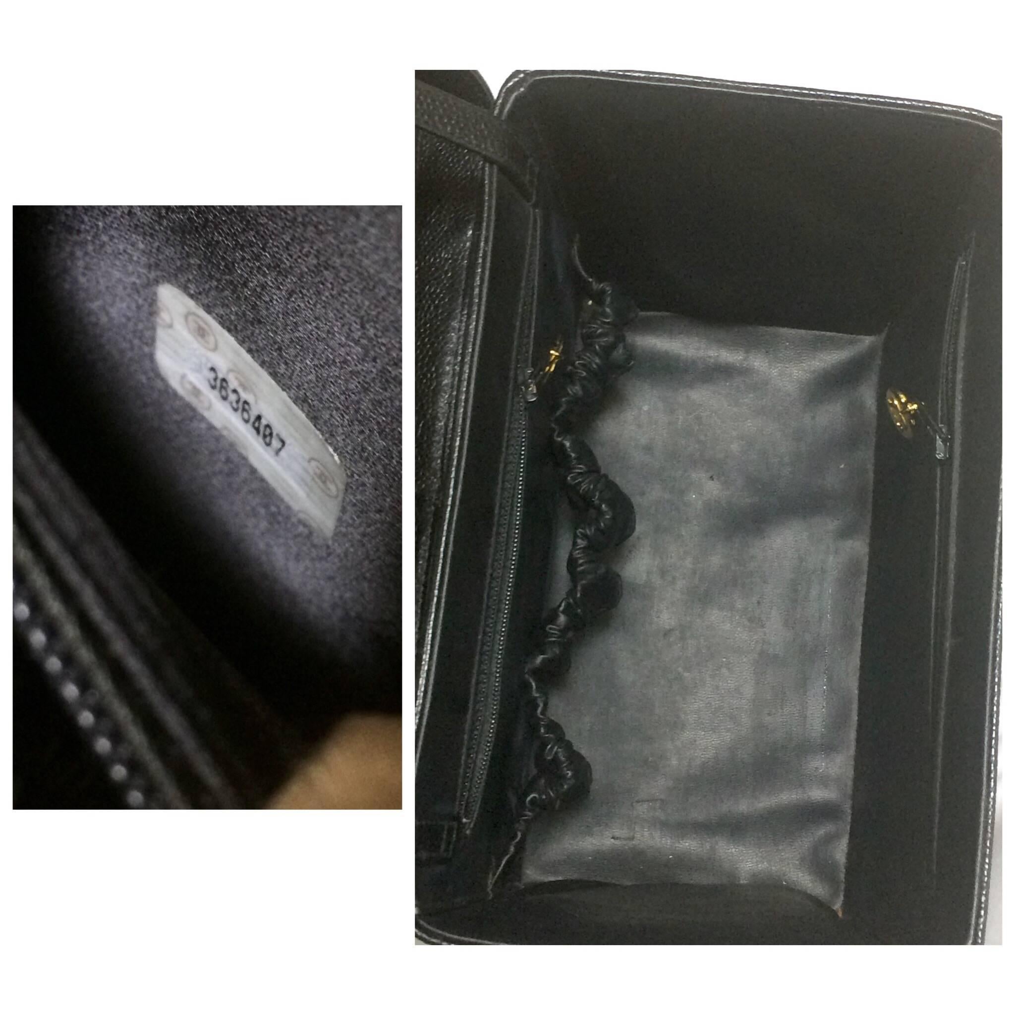 Vintage CHANEL black caviar leather large vanity purse, lunchbox style handbag. 2