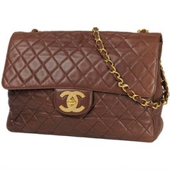 Vintage CHANEL brown lamb large, jumbo shoulder bag with gold CC, single strap.