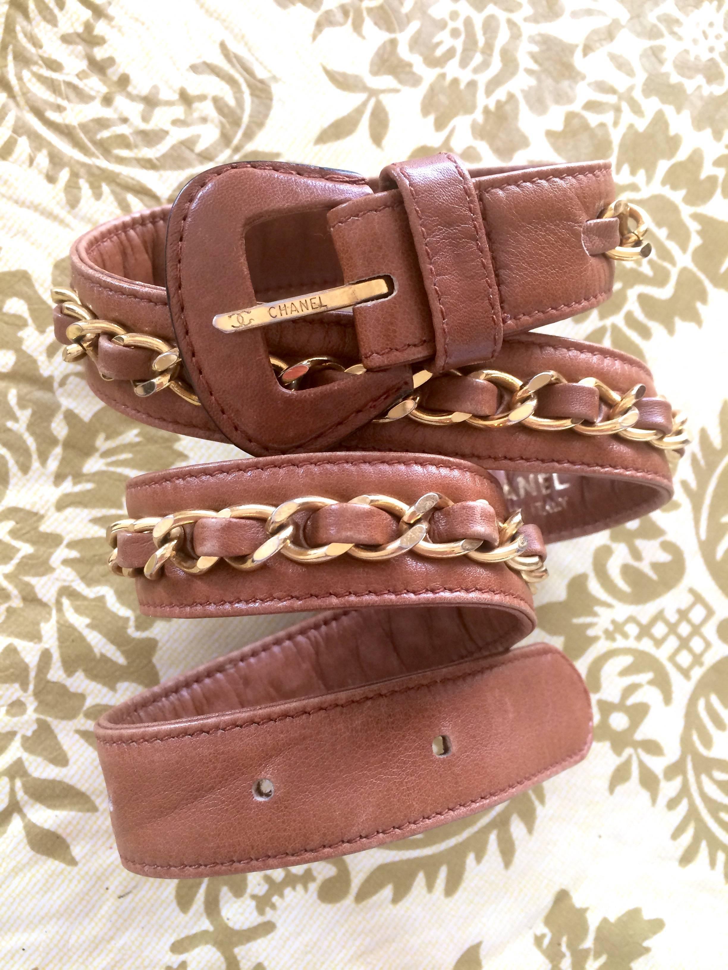 Orange Vintage CHANEL brown leather belt with gold tone chains. Good for fanny pack too For Sale