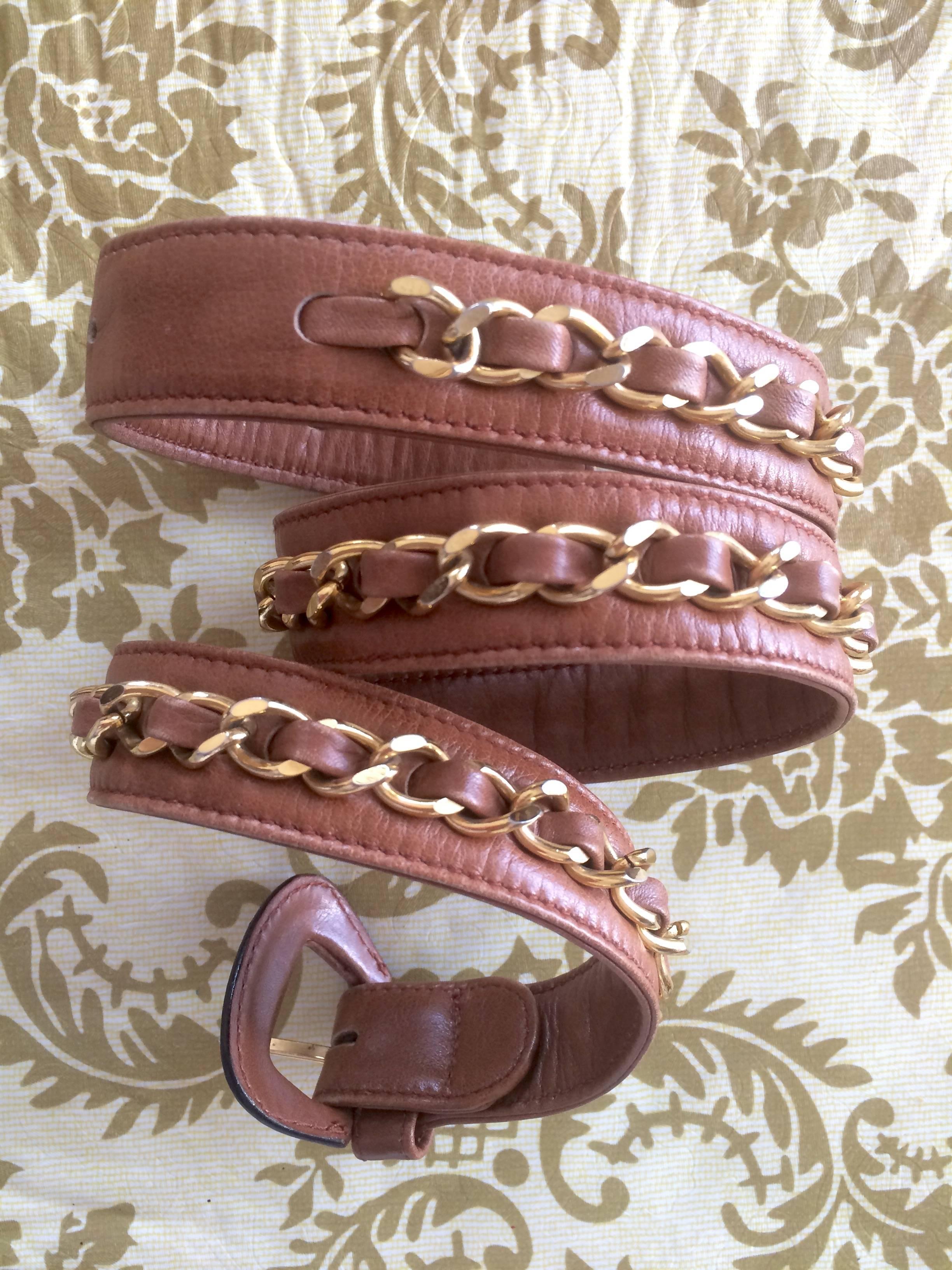 Women's or Men's Vintage CHANEL brown leather belt with gold tone chains. Good for fanny pack too For Sale