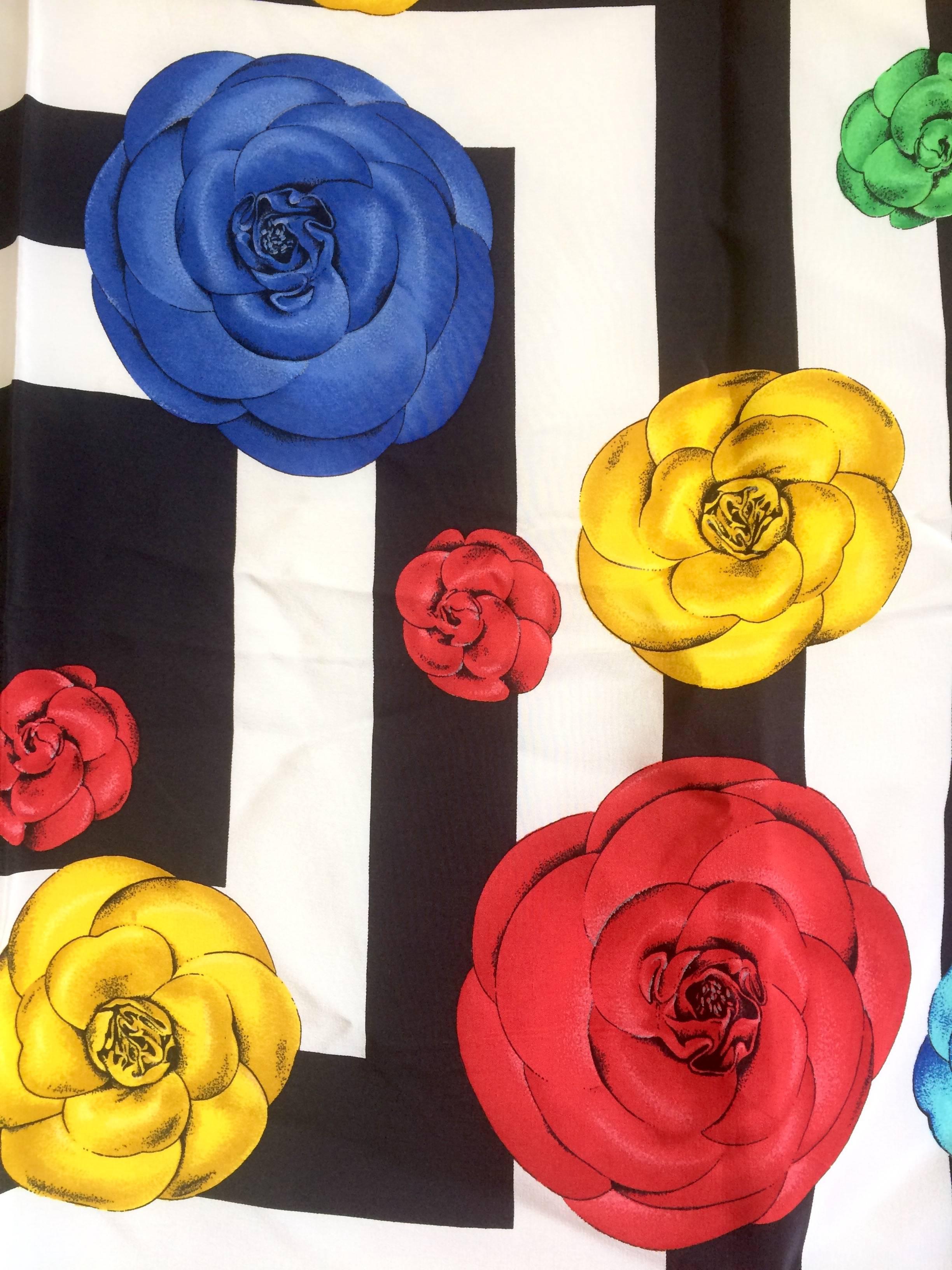 Vintage Chanel black white geometric, red, yellow, blue and green camellia scarf For Sale 1