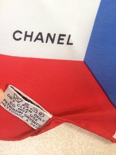 Vintage Chanel black white geometric, red, yellow, blue and green camellia scarf