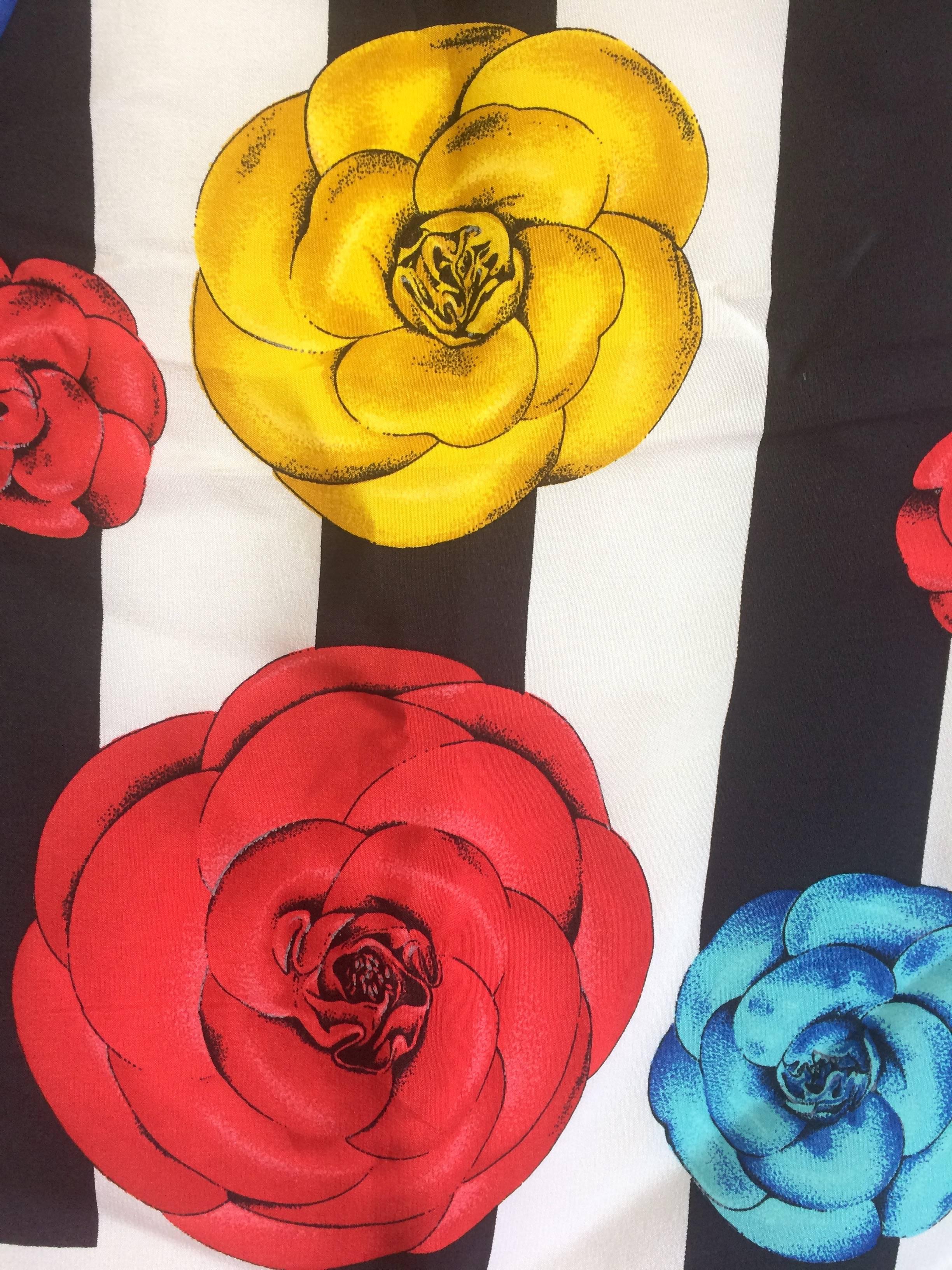 Vintage Chanel black white geometric, red, yellow, blue and green camellia scarf For Sale 3