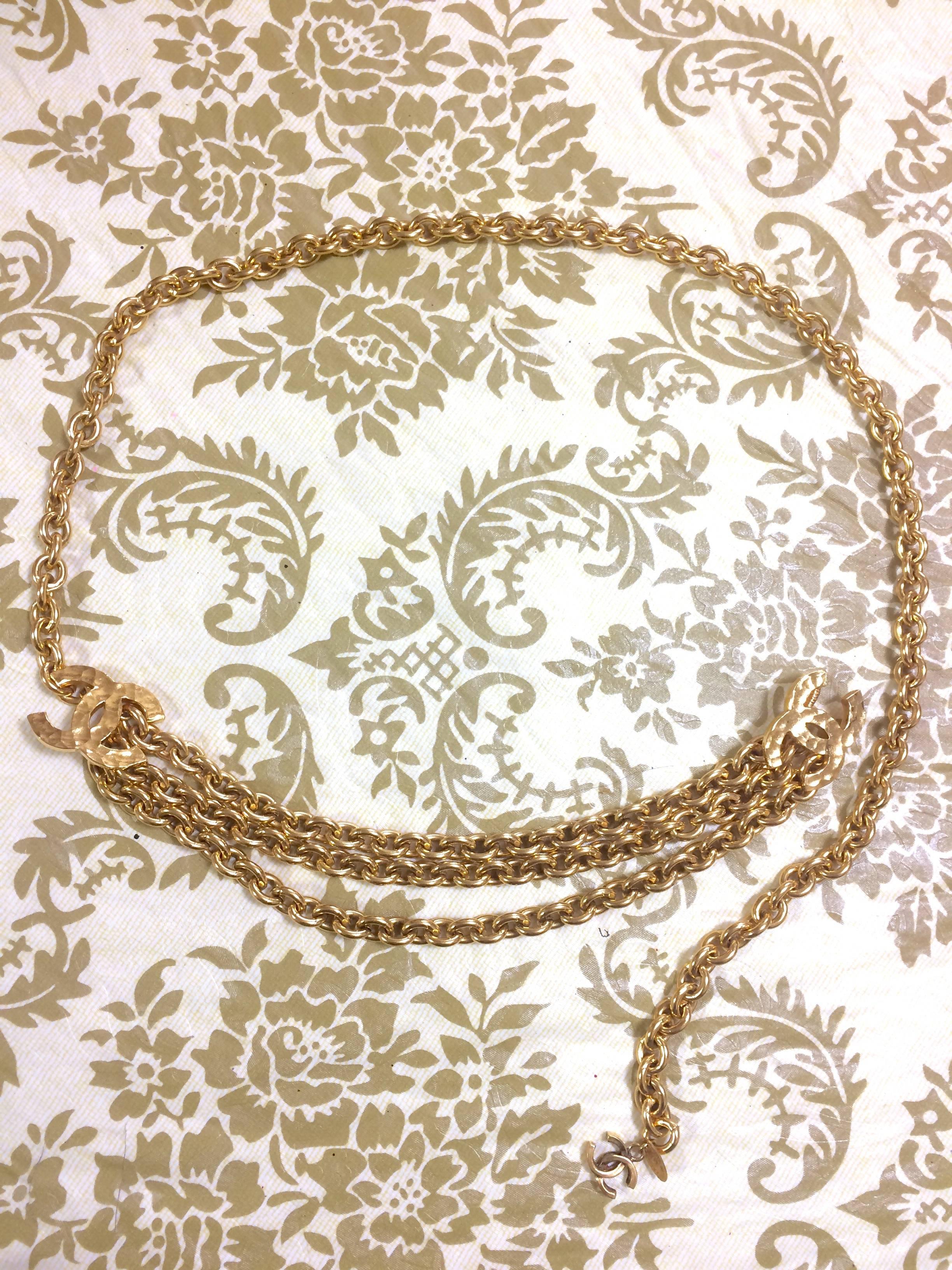 1980s. MINT/Excellent. Vintage CHANEL golden chain belt with triple layer chains and two large CC mark charms at sides. Rare and Gorgeous belt. Perfect Chanel gift.

MINT/excellent vintage condition...
Introducing another Chanel classic vintage