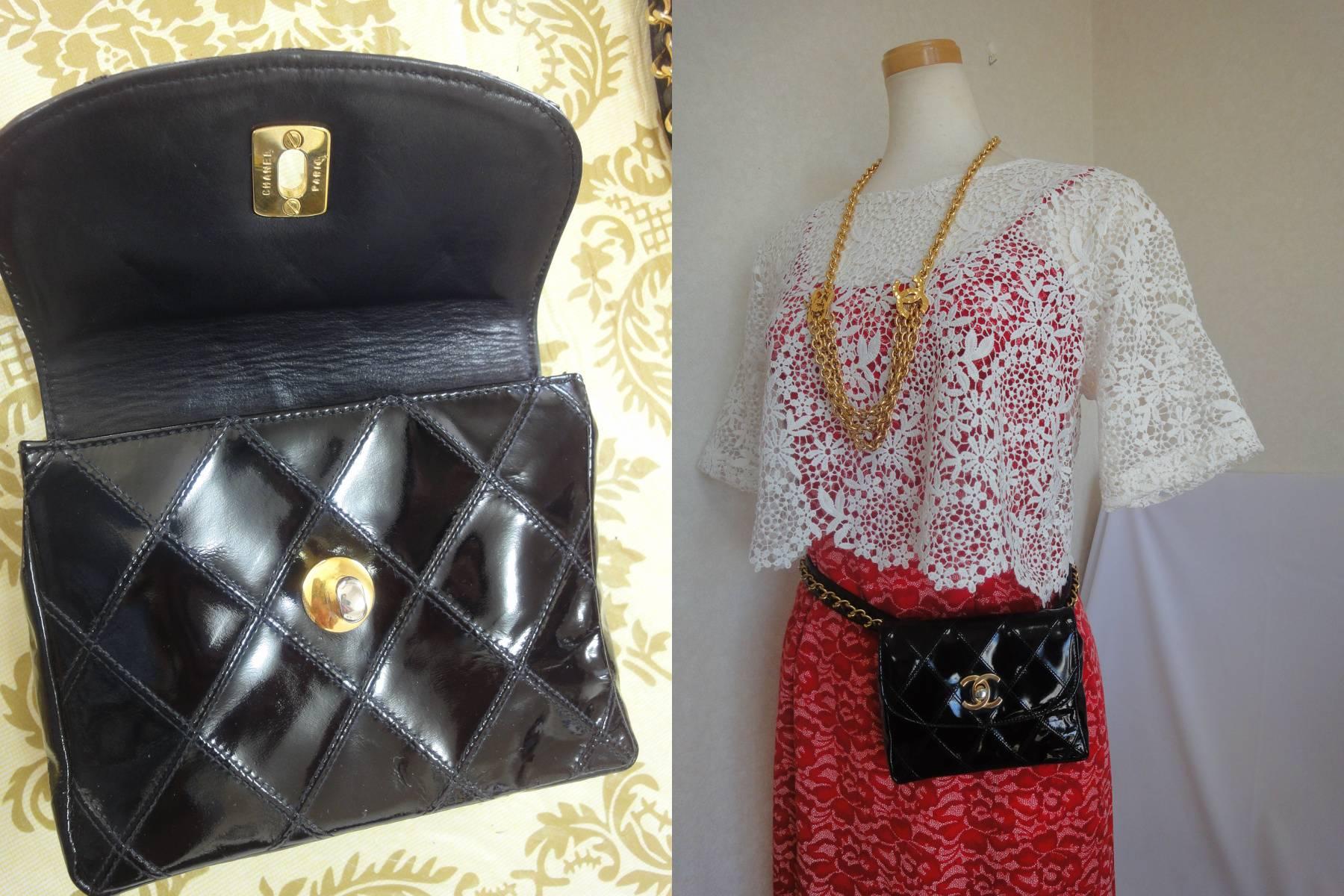 Vintage CHANEL black patent enamel waist purse, fanny pack with gold chain belt. 5