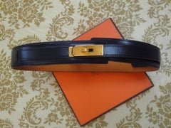 MINT. Vintage HERMES black box calf leather Kelly belt. Stamp S in O, 1989. 65cm