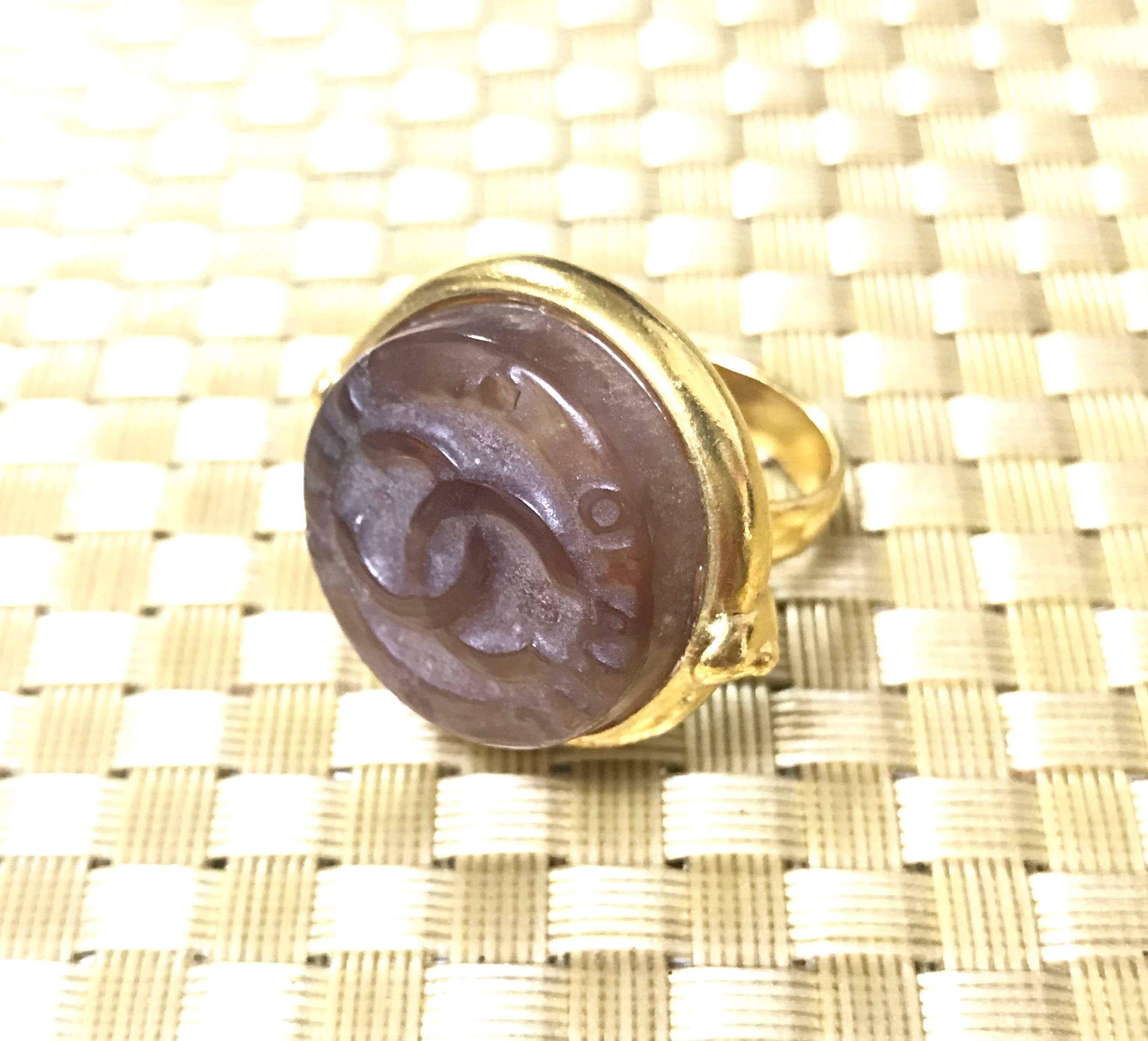 Vintage CHANEL brown candy ring with golden frame and engraved logo. US5 & 6 For Sale 1