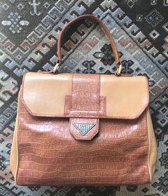 Fendi Vintage Genuine Brown Leather Kelly Handbag with Croc-Embossed Leather.
