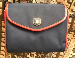 Vintage Celine Navy Nylon and Red Leather Piping Shoulder Bag with Golden Motif