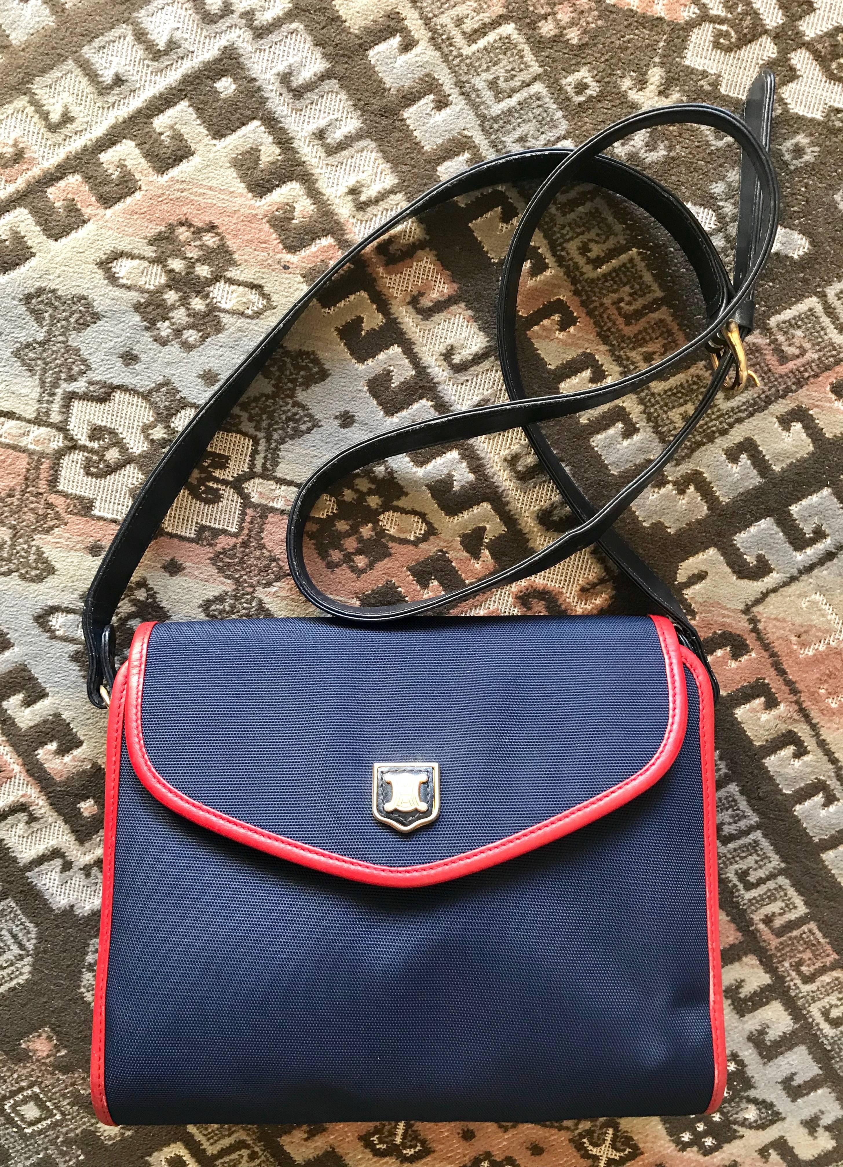 Vintage Celine Navy Nylon and Red Leather Piping Shoulder Bag with Golden Motif 2
