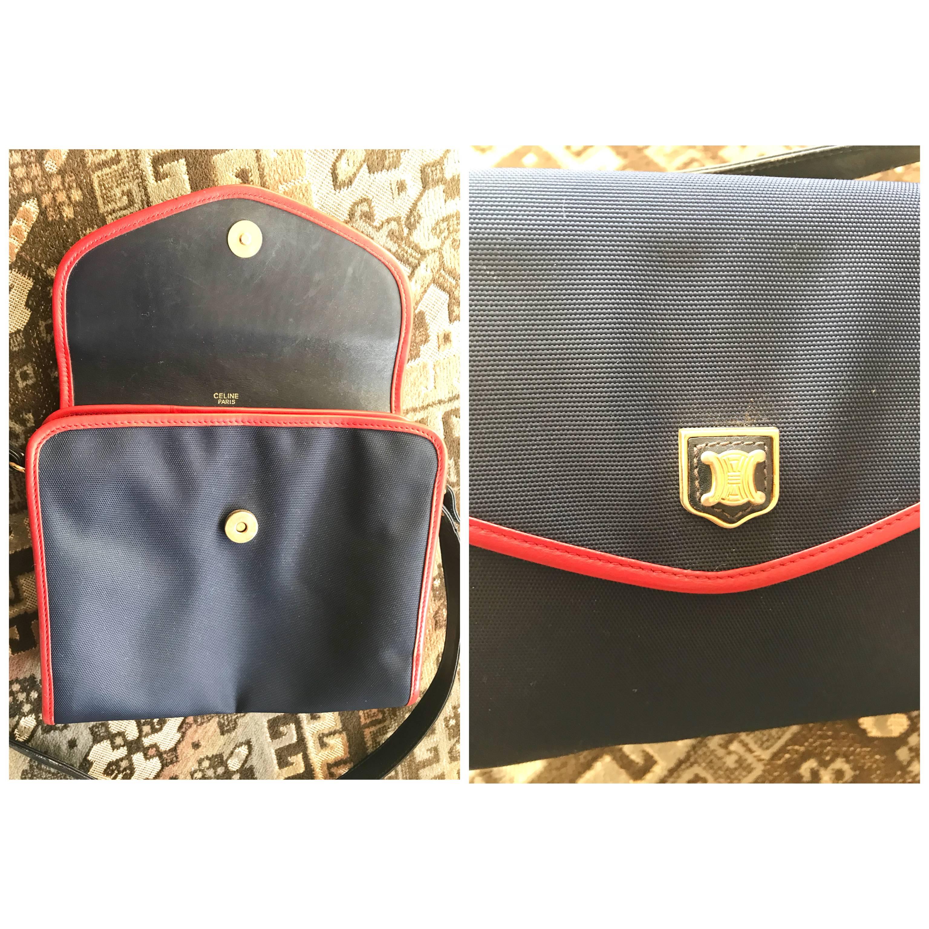 Black Vintage Celine Navy Nylon and Red Leather Piping Shoulder Bag with Golden Motif 