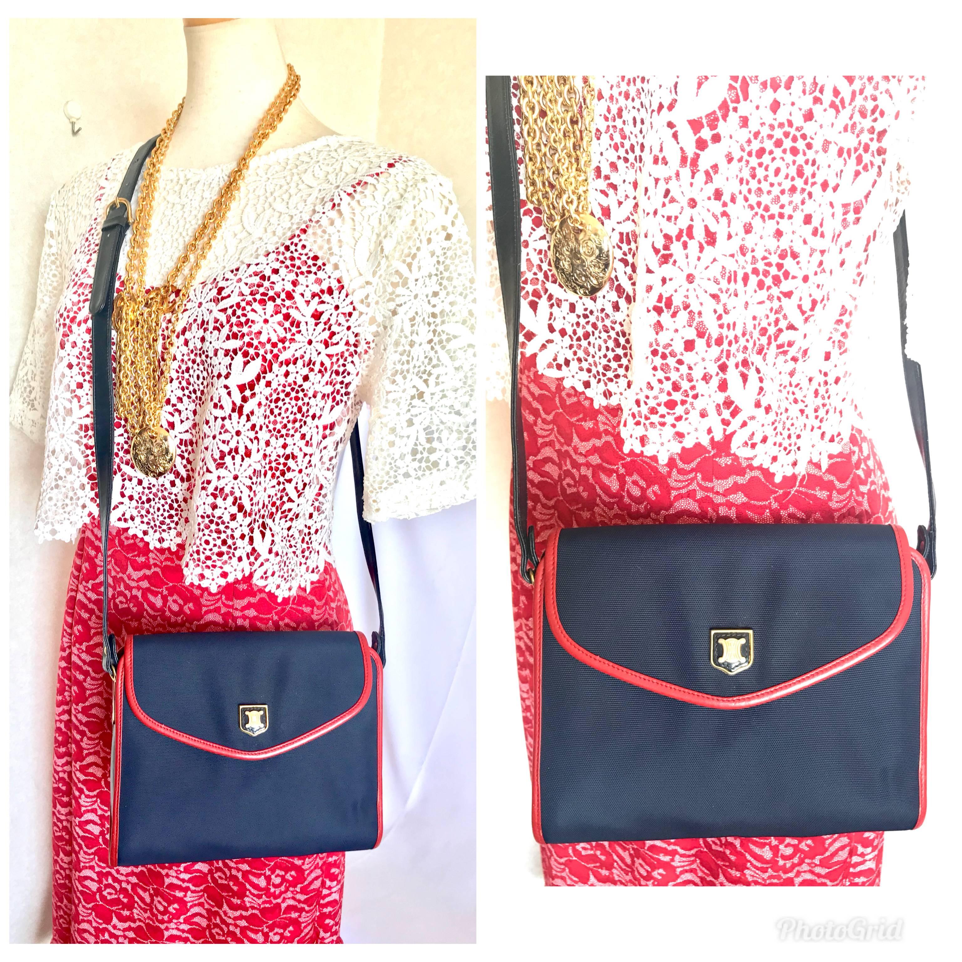Vintage Celine Navy Nylon and Red Leather Piping Shoulder Bag with Golden Motif  3