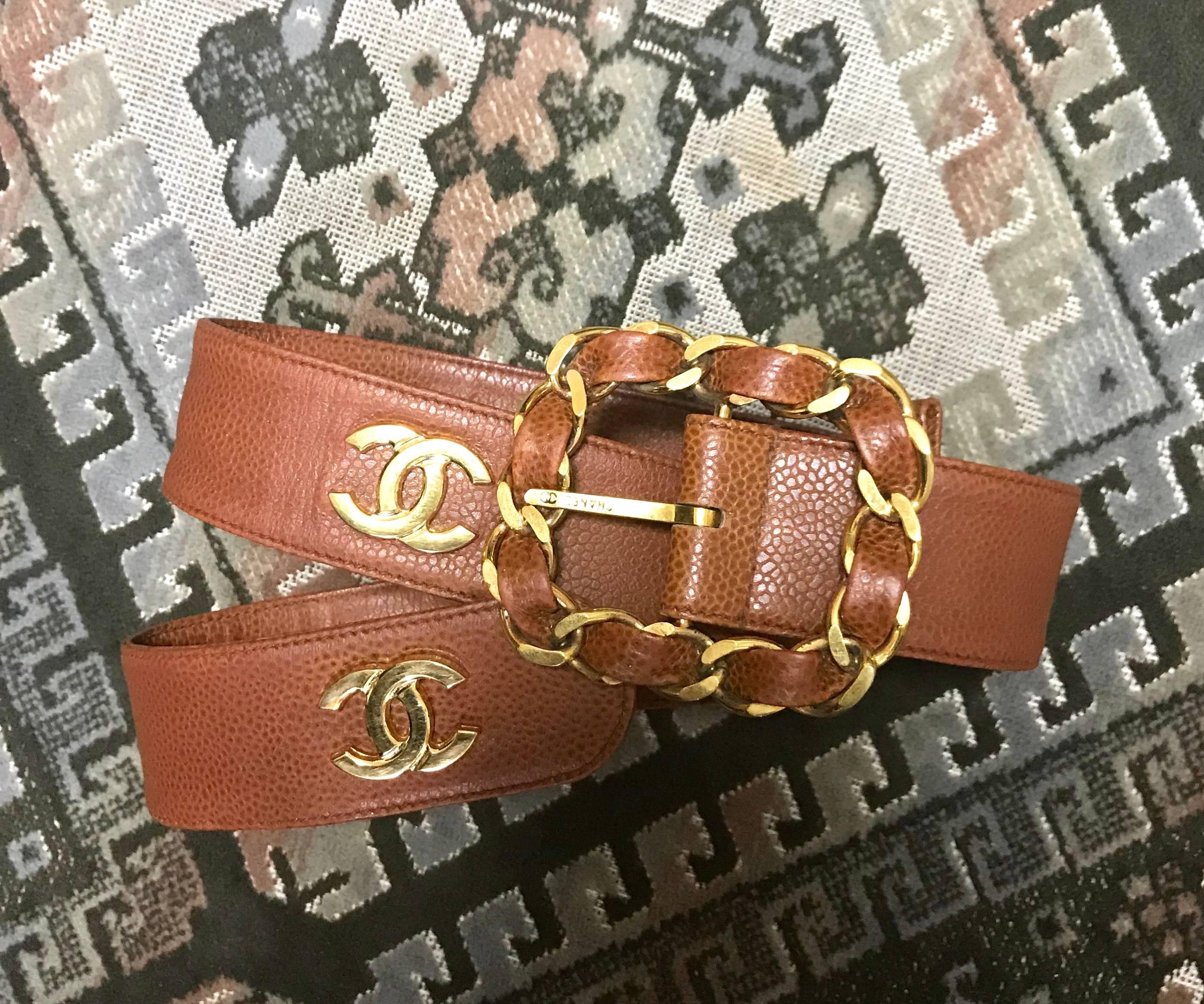 Brown Chanel Vintage brown caviar leather belt with golden chain buckle and CC marks 