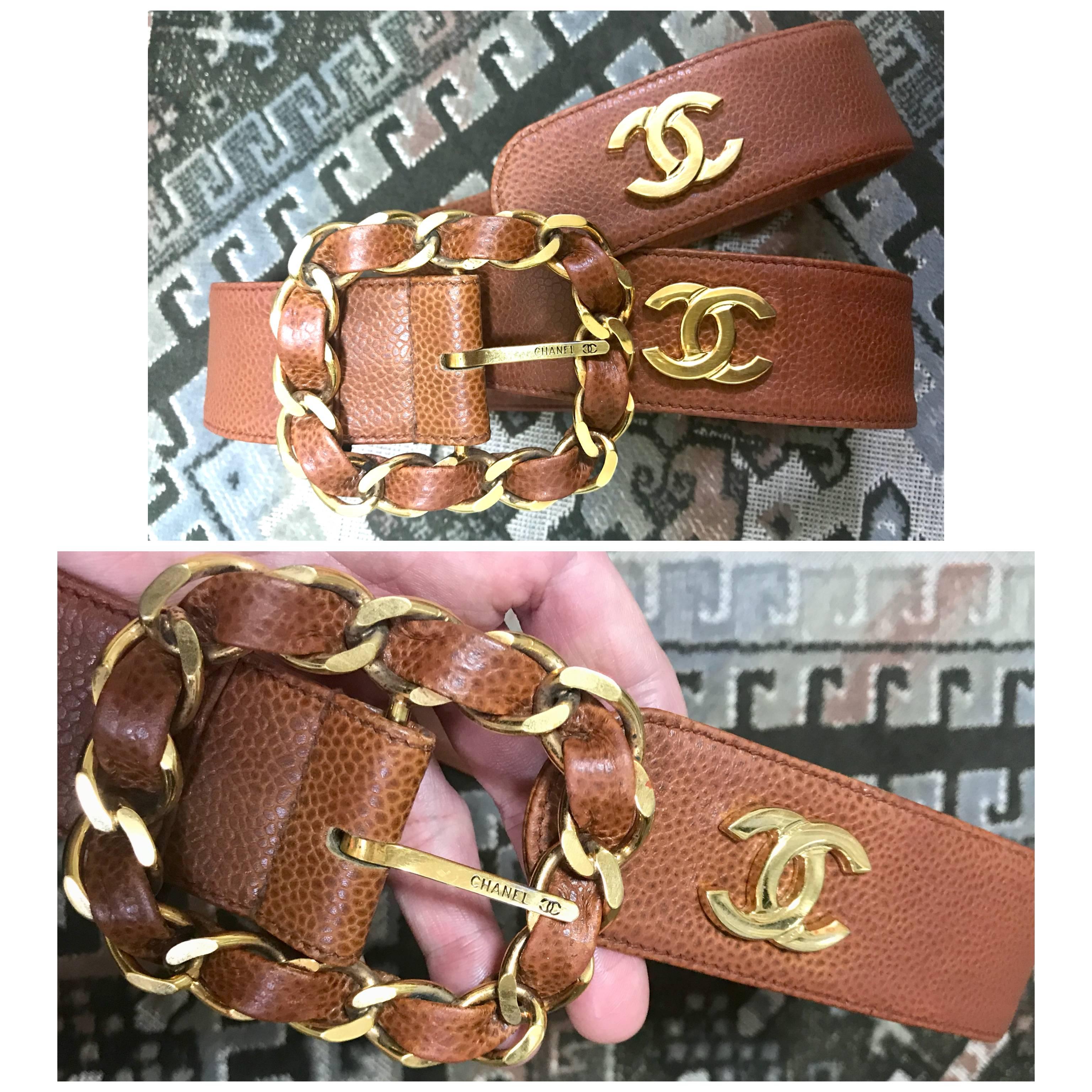Chanel Vintage brown caviar leather belt with golden chain buckle and CC marks  In Good Condition In Kashiwa, Chiba