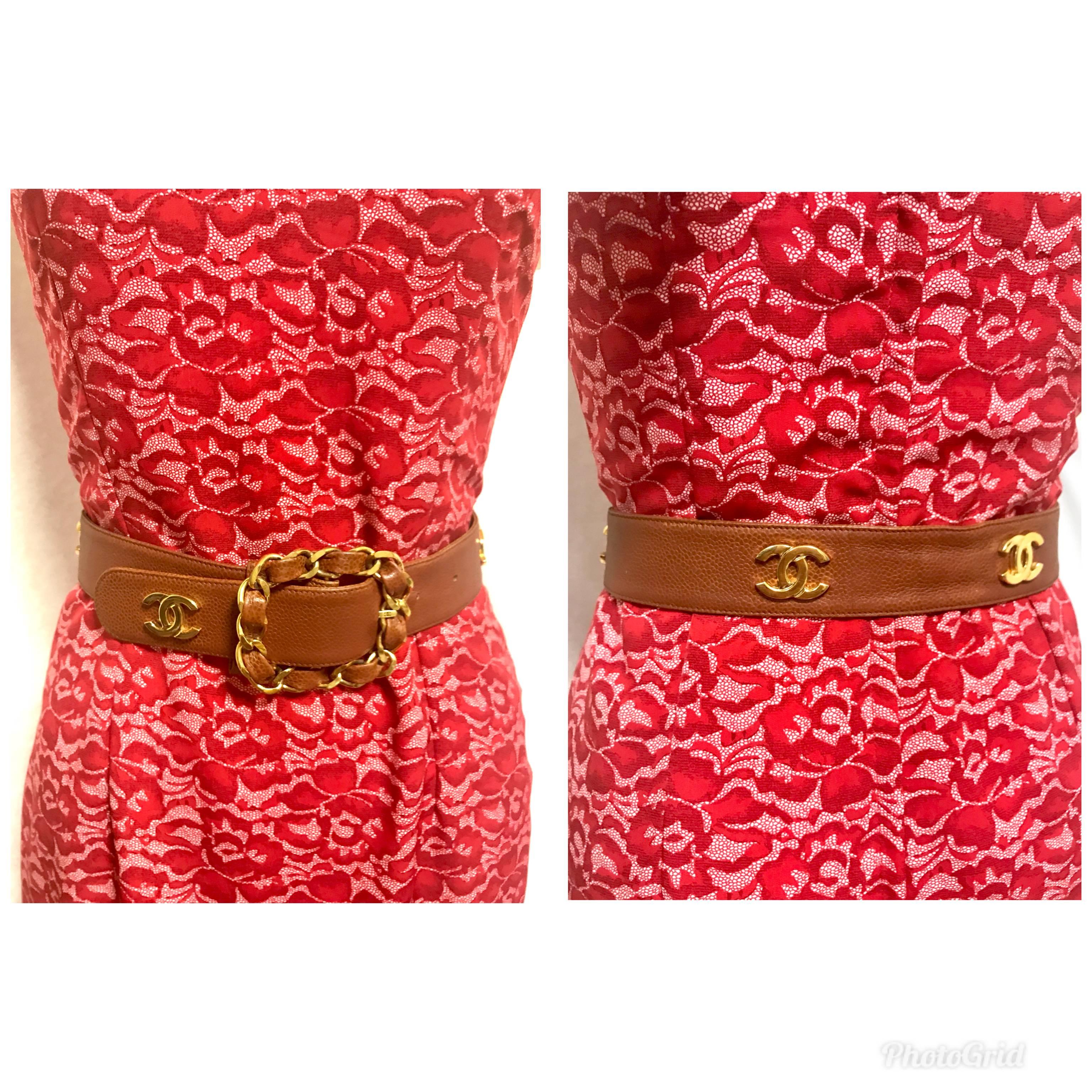 1990s. Vintage CHANEL brown caviar leather belt with golden chain buckle and iconic golden CC mark motifs. Must-have belt from CHANEL.

Here is another fabulous piece from CHANEL back in the era.
Introducing a brown caviar leather belt with its