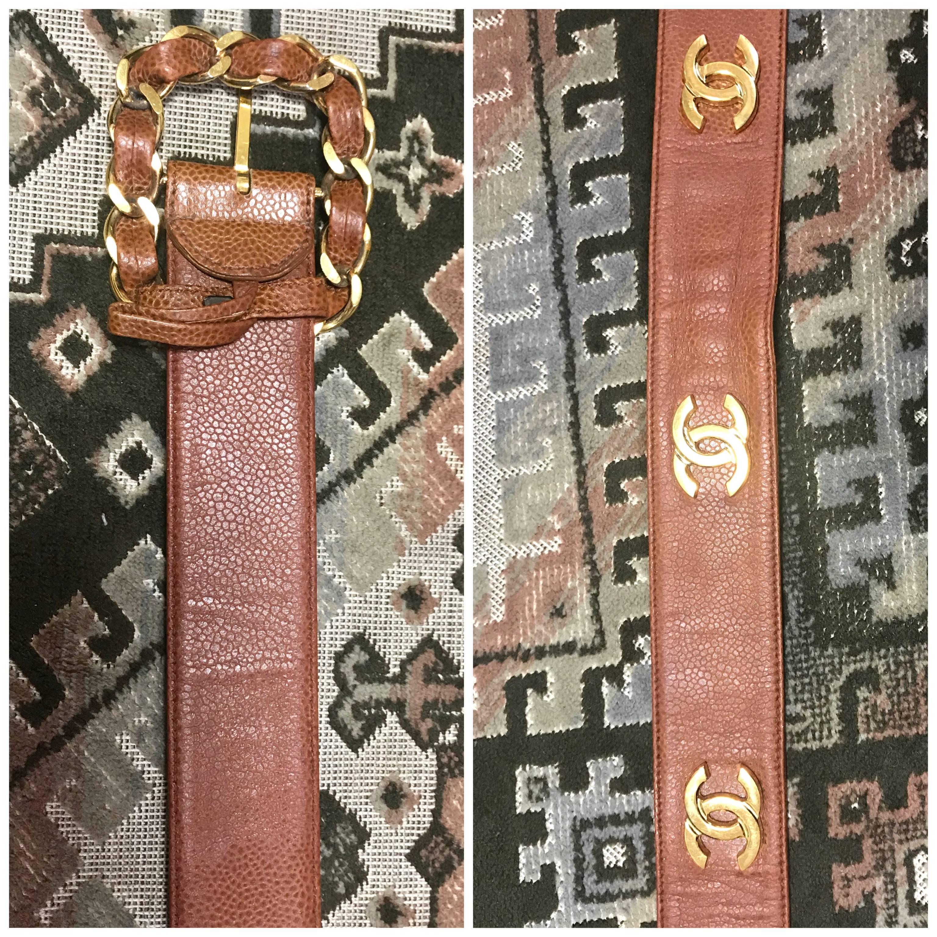 Women's Chanel Vintage brown caviar leather belt with golden chain buckle and CC marks 