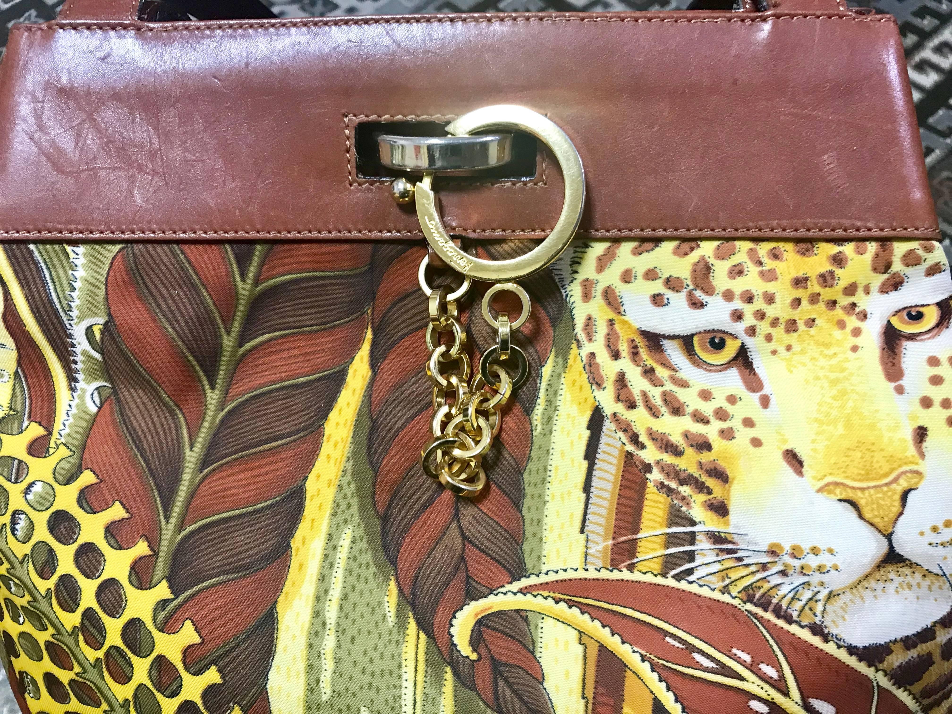 Brown Salvatore Ferragamo Vintage leopard in safari print and brown leather hobo bag  For Sale