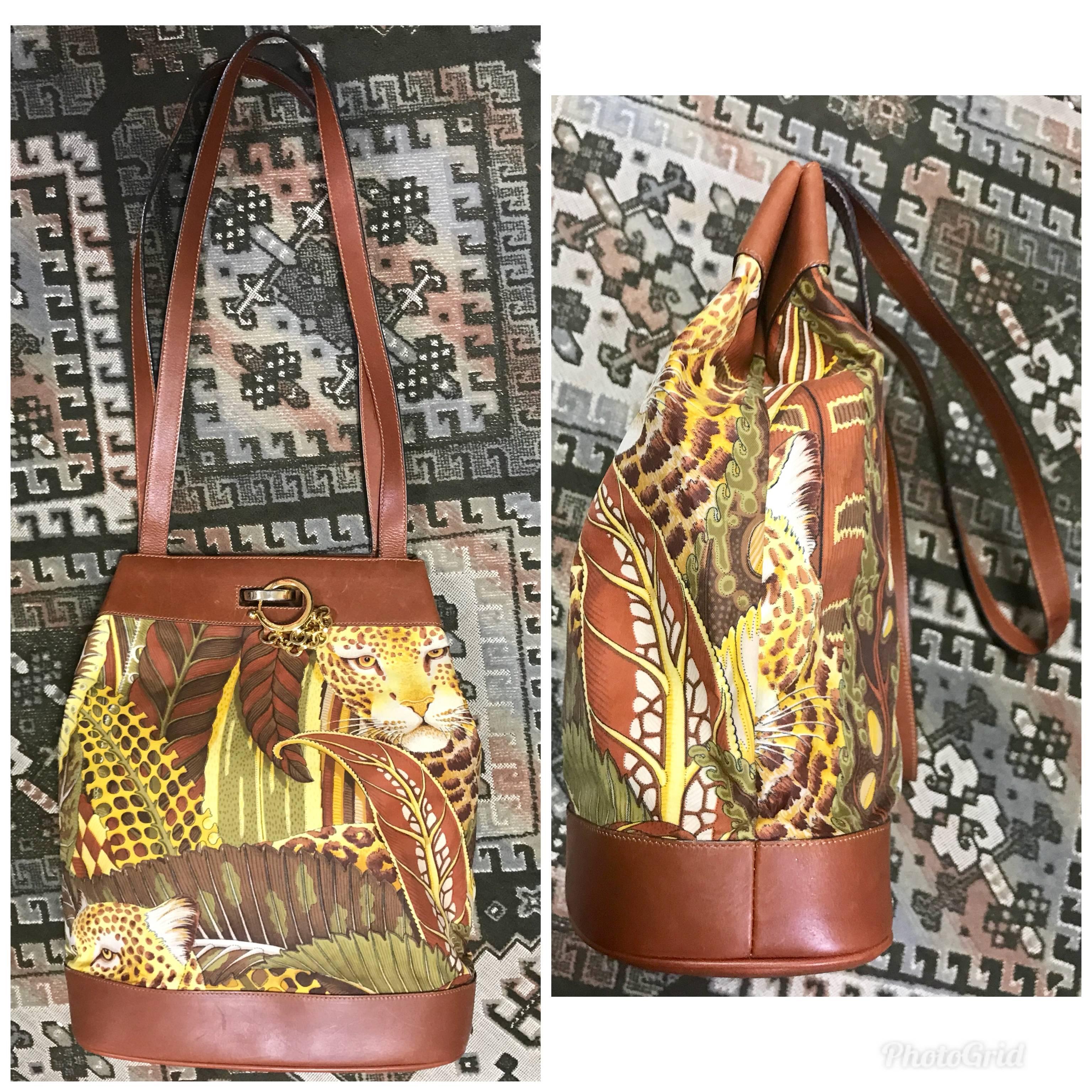 Women's Salvatore Ferragamo Vintage leopard in safari print and brown leather hobo bag  For Sale