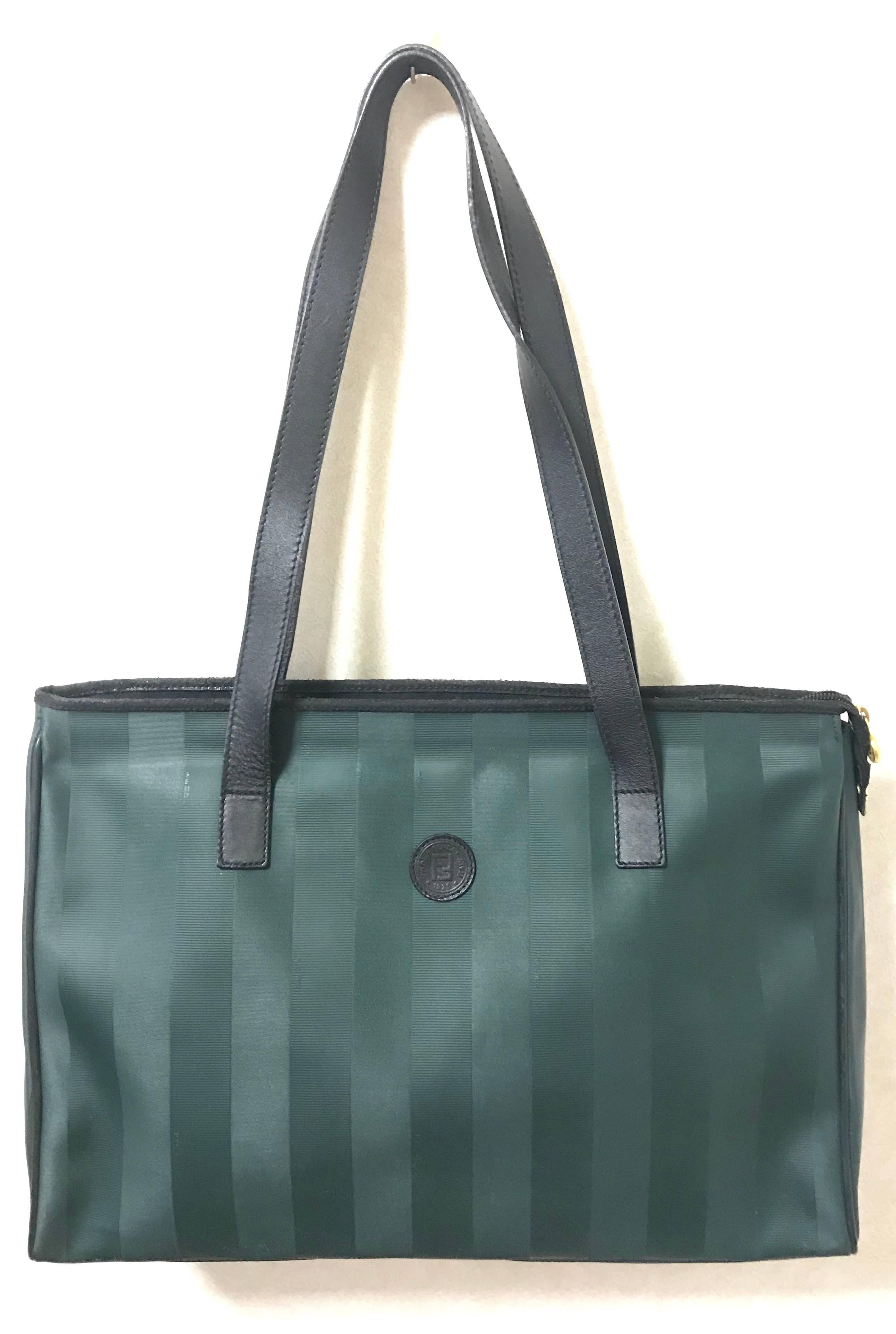 listings Vintage FENDI classic dark green pecan stripe large shopper tote bag. 5