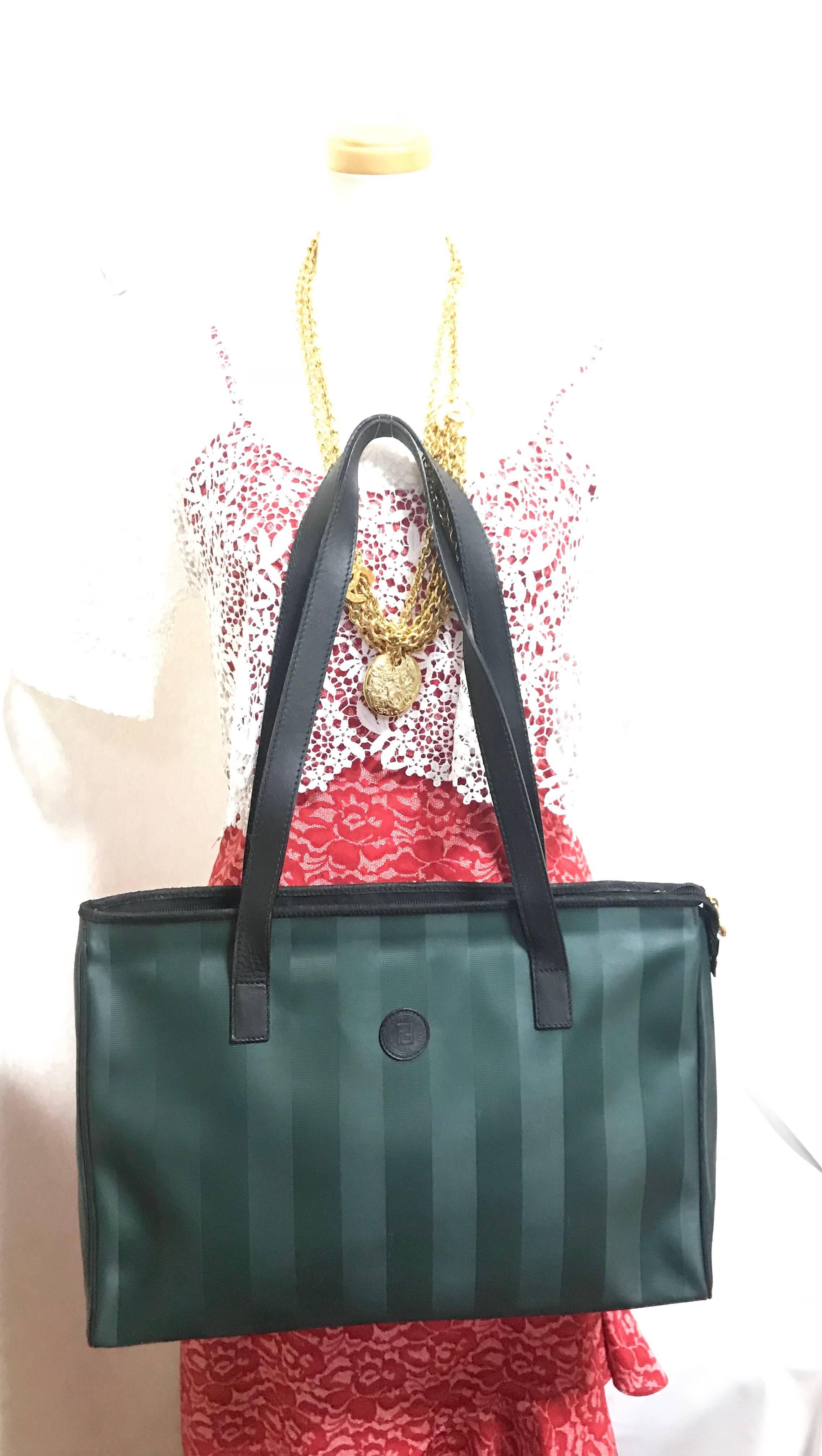 listings Vintage FENDI classic dark green pecan stripe large shopper tote bag. 4