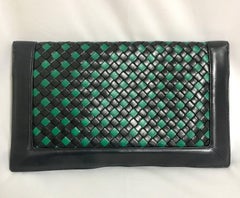 Vintage Bottega Veneta intrecciato navy and green large clutch bag, unisex purse