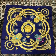 Hermes Vintage Carre large silk scarf golden and colorful jewelry print