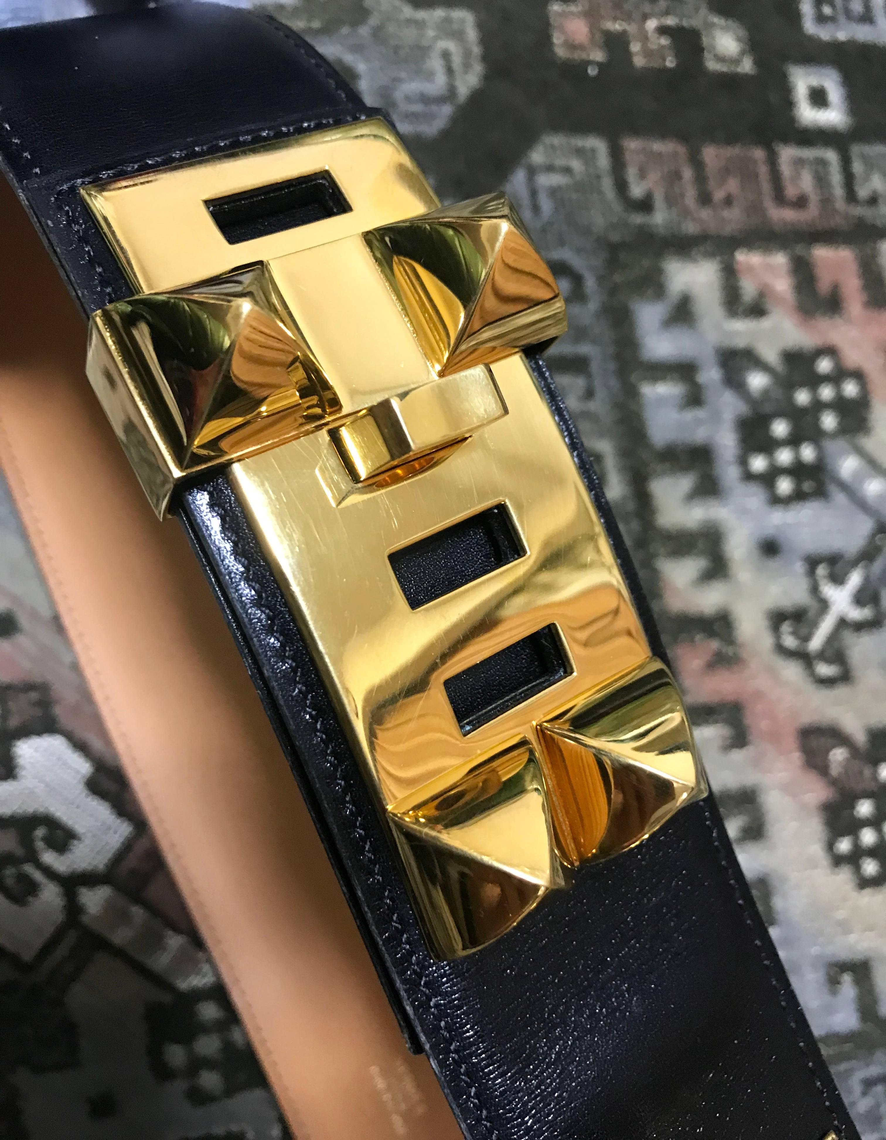 Women's or Men's Hermes Collier de Chien Black Calfskin Medor belt with gold plated hardware 
