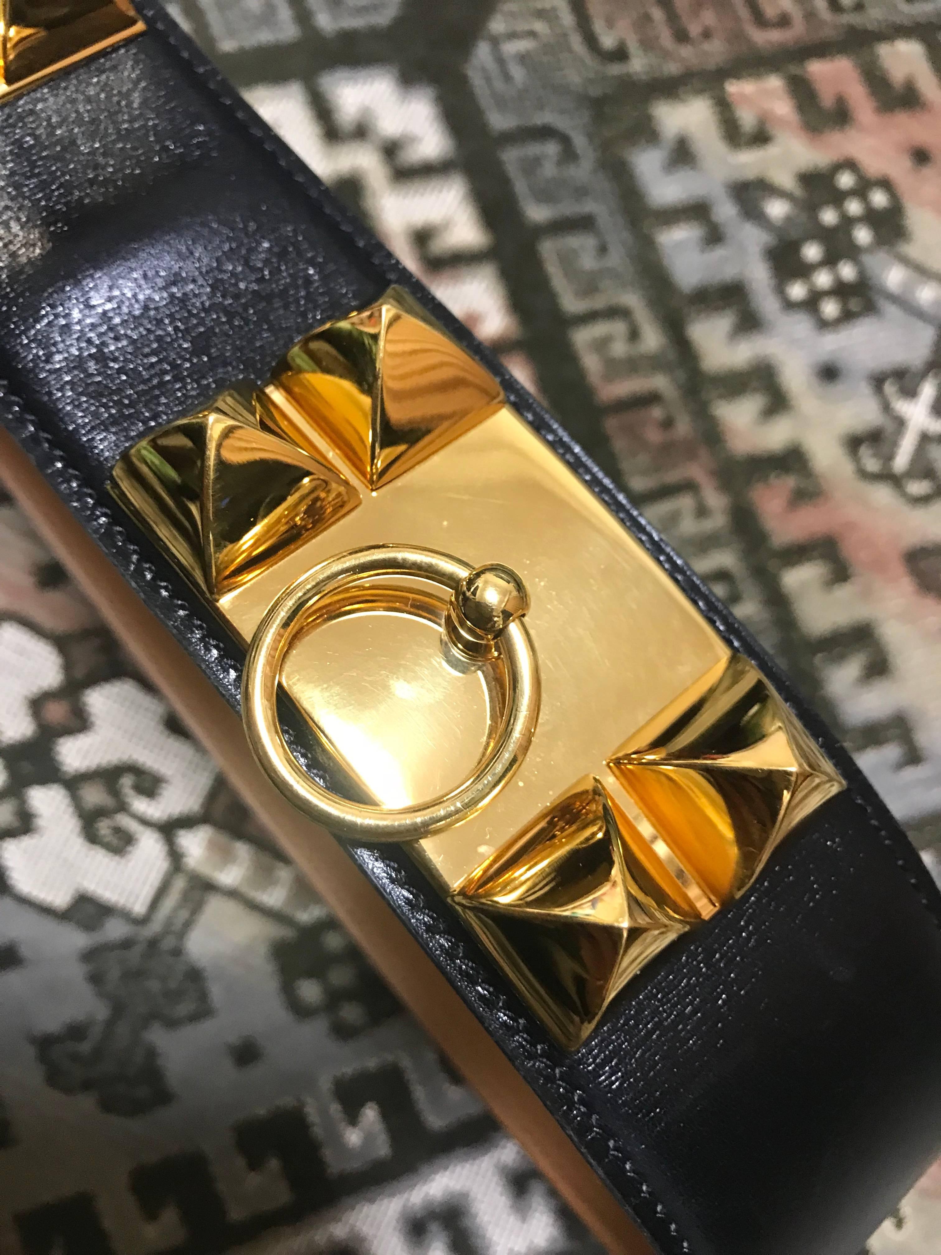 Hermes Collier de Chien Black Calfskin Medor belt with gold plated hardware  In Excellent Condition In Kashiwa, Chiba
