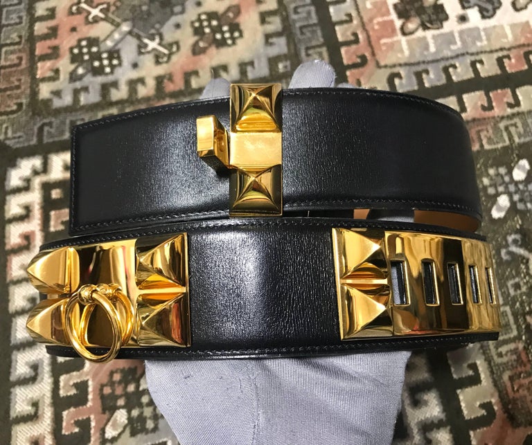Hermes Collier de Chien Black Calfskin Medor belt with gold plated ...
