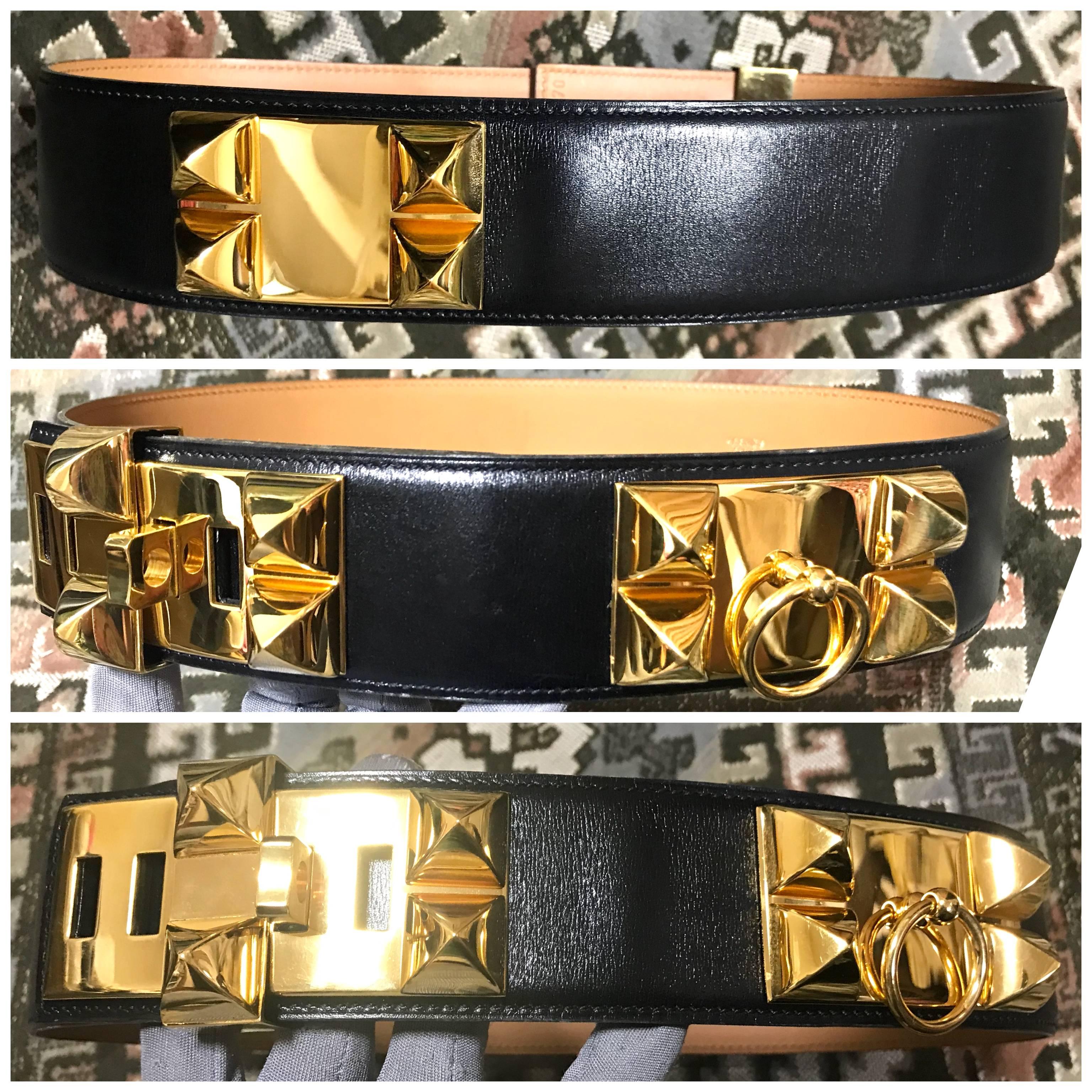 Hermes Collier de Chien Black Calfskin Medor belt with gold plated hardware  1