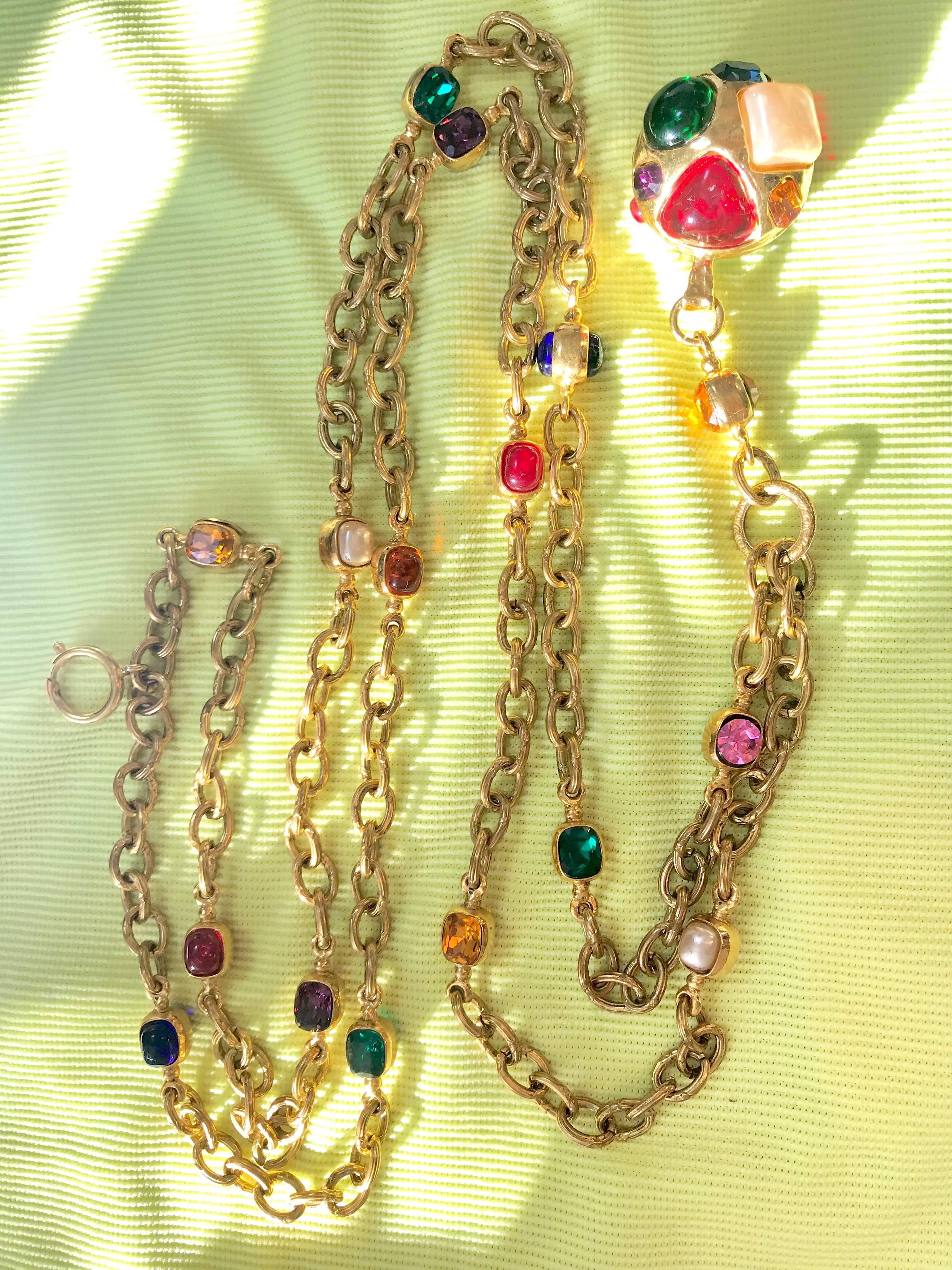 Chanel Vintage colorful gripoix stones and faux pearls double chain necklace  6