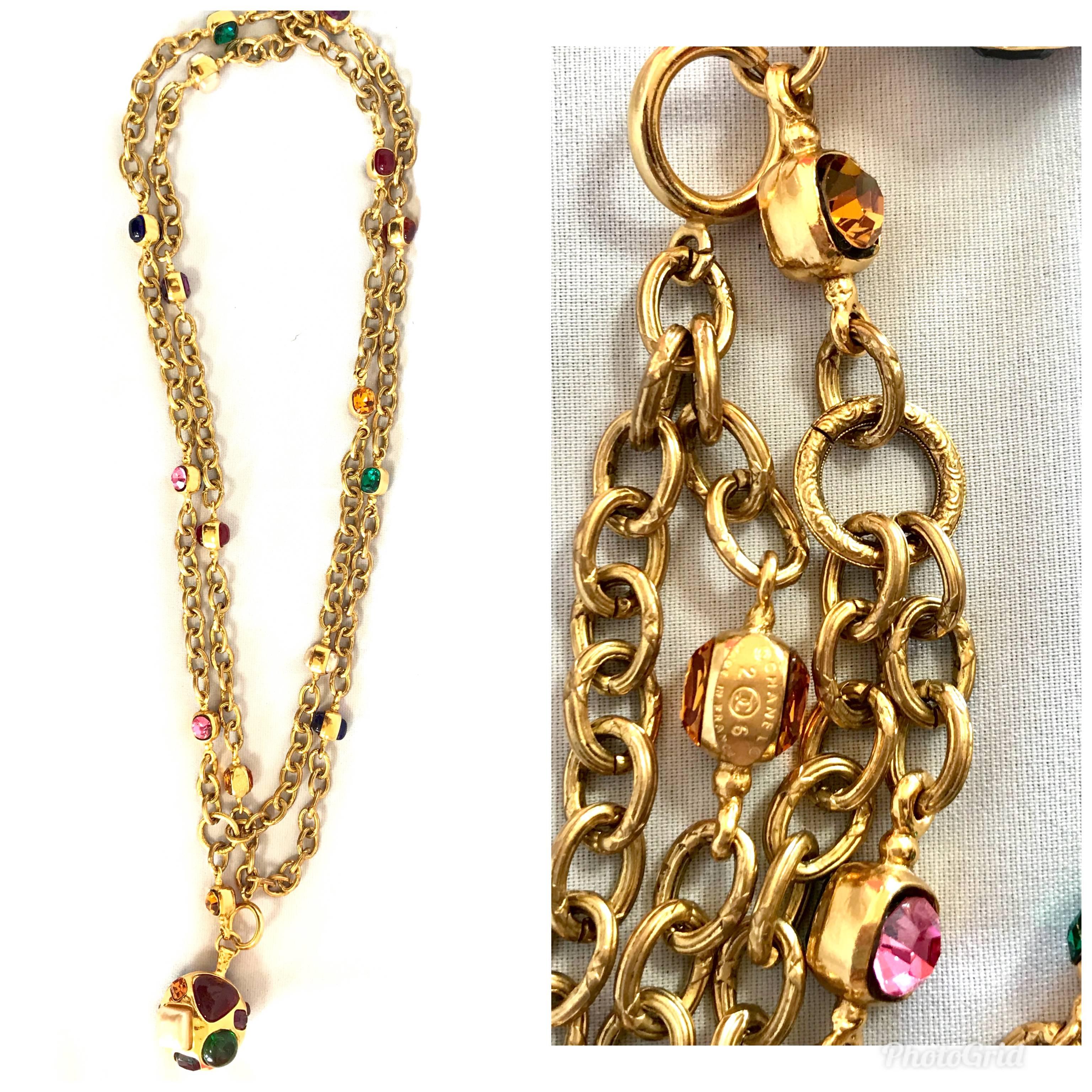 Chanel Vintage colorful gripoix stones and faux pearls double chain necklace  5