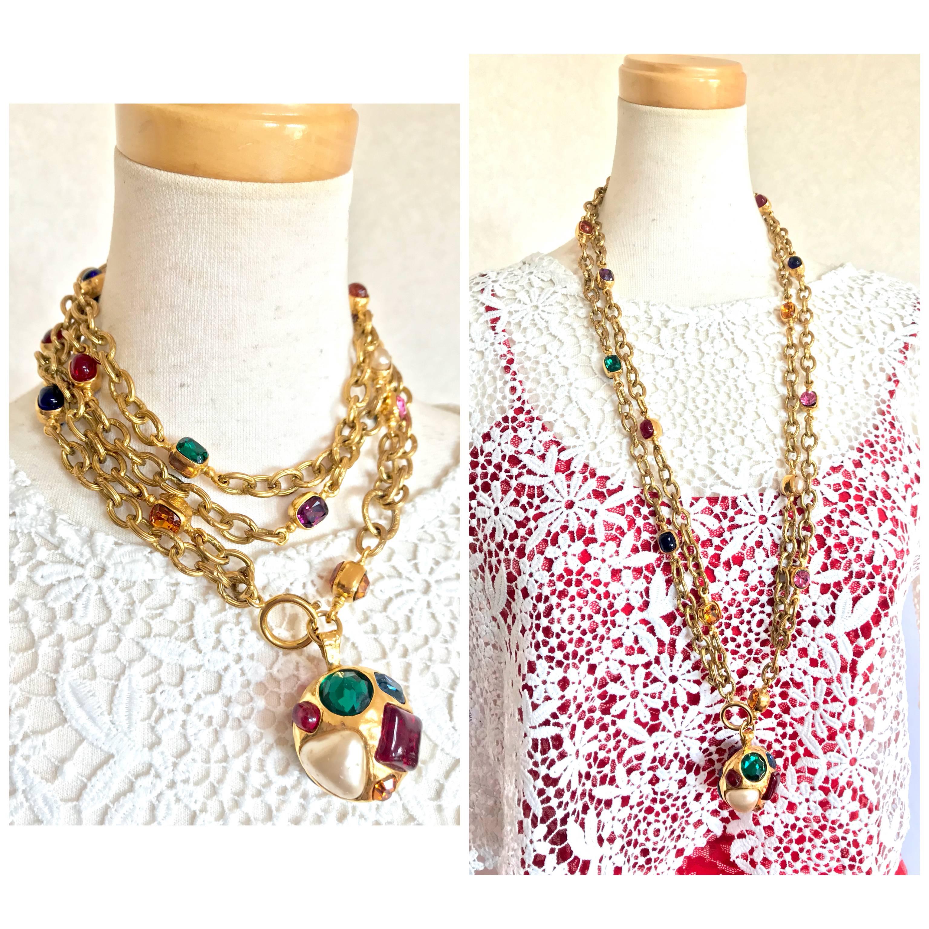 1980s-1990s. Vintage Chanel colorful gripoix stones and faux pearls double chain long necklace with large ornamental pendant top. 
Perfect gift.

Introducing one-of-a-kind vintage jewelry piece from Chanel back in the 80’s to early 90’s.
Double