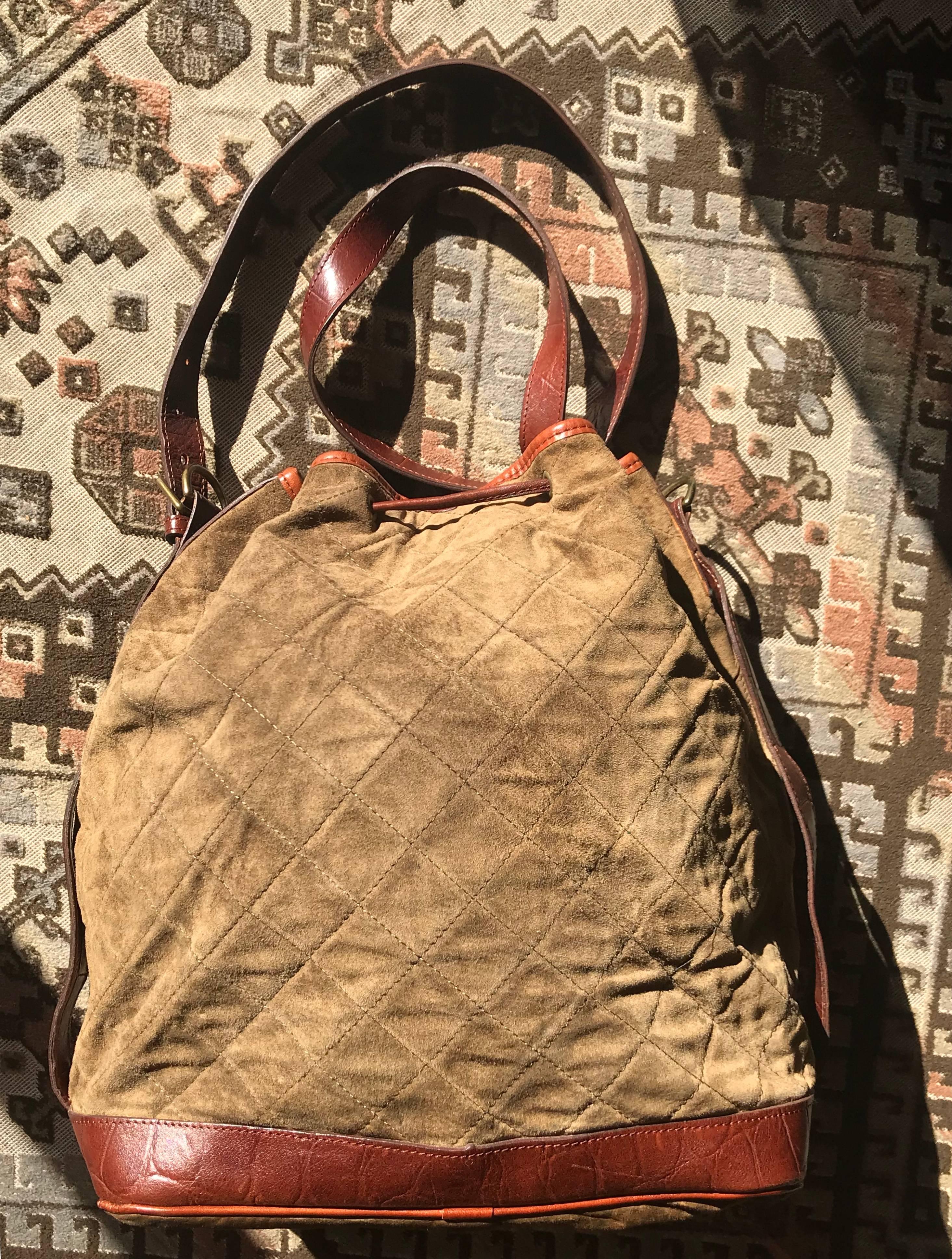 Brown Vintage Mulberry brown khaki quilted suede leather bucket hobo bag. Roger Saul. For Sale