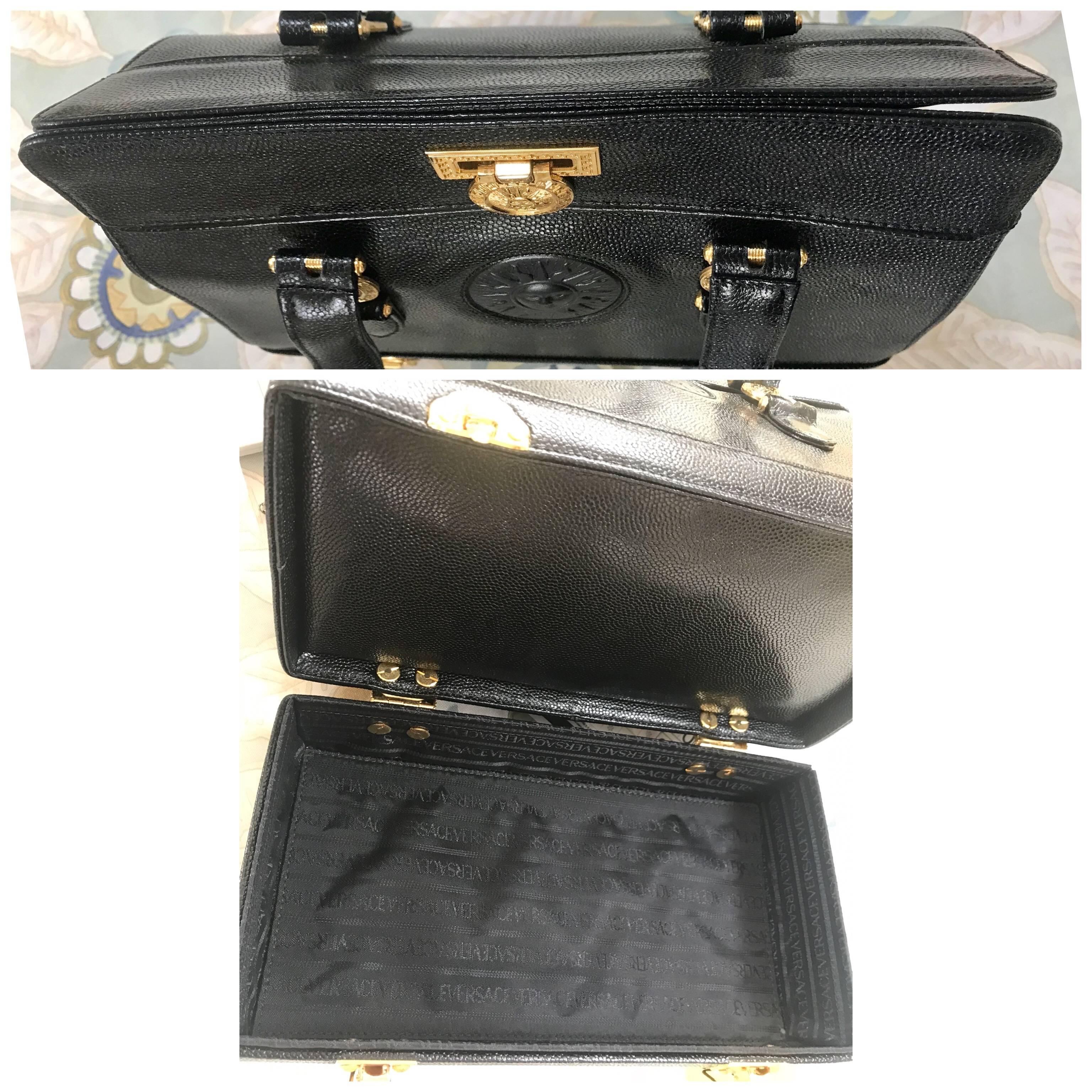 MINT. Vintage Gianni Versace black caviar type leather birkin doctor's bag. hand 2