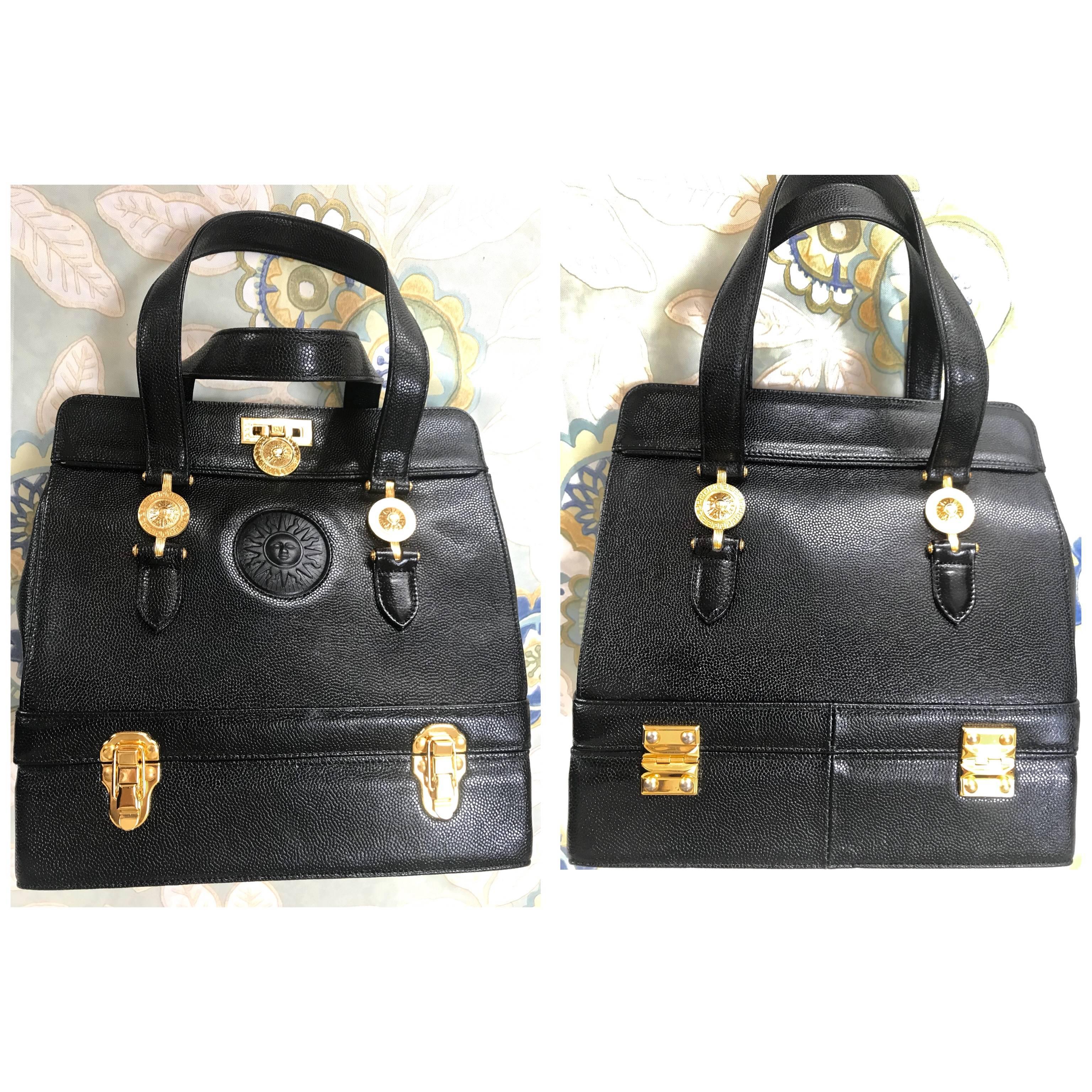 Women's MINT. Vintage Gianni Versace black caviar type leather birkin doctor's bag. hand