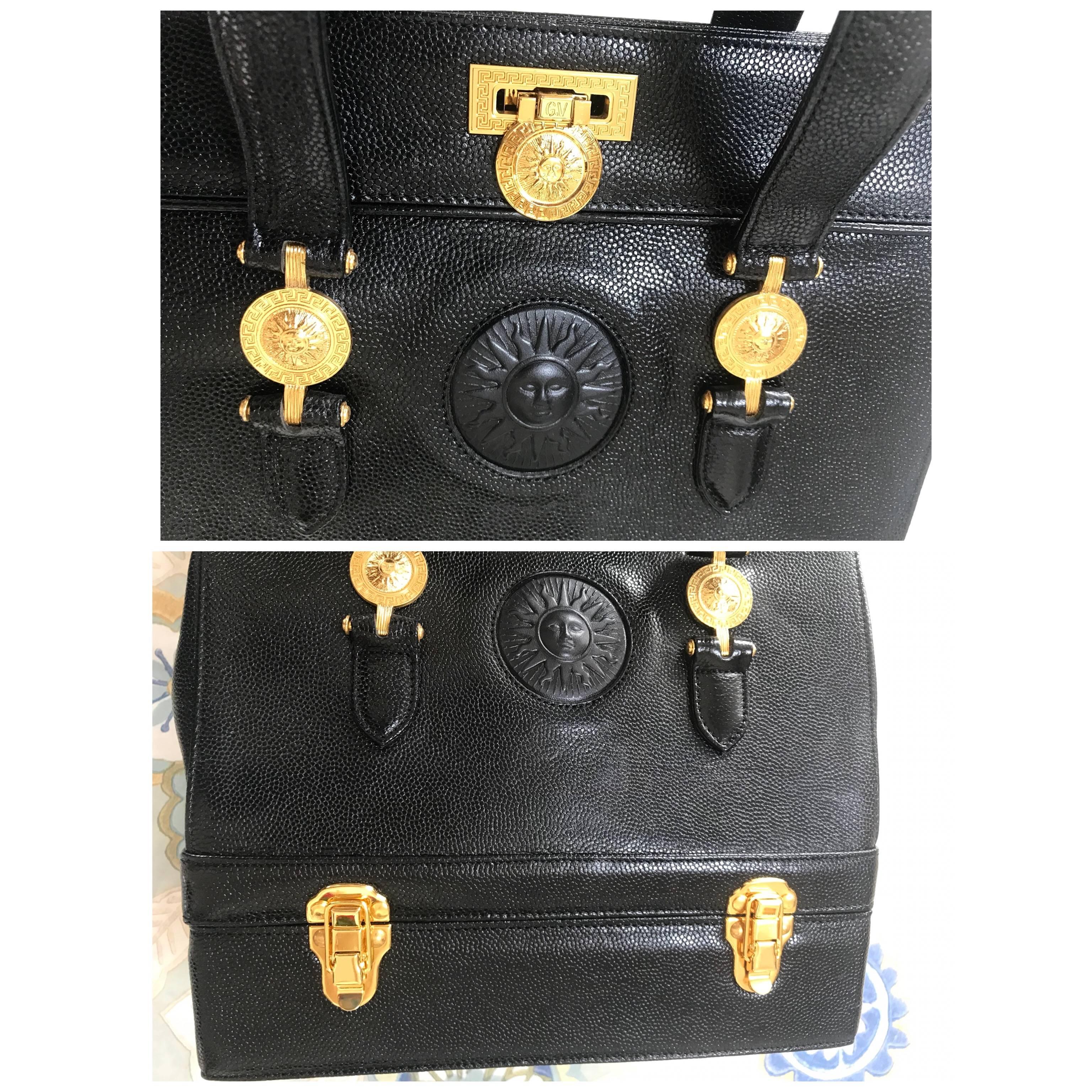 MINT. Vintage Gianni Versace black caviar type leather birkin doctor's bag. hand 1