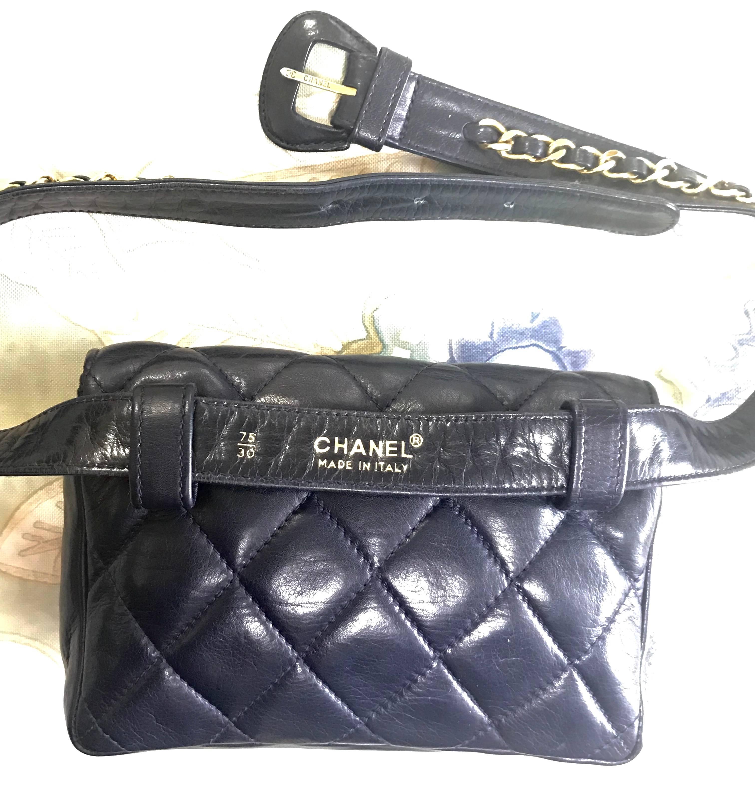 Gray Chanel Vintage navy lamb waist bag fanny pack with golden chain belt and CC. For Sale